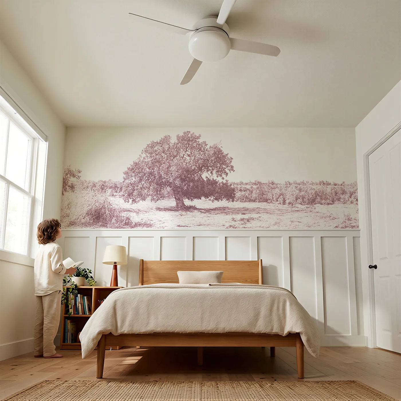 Child reading near The One Great Oak Wainscoting Wallpaper in Pink by Whimsy Tots