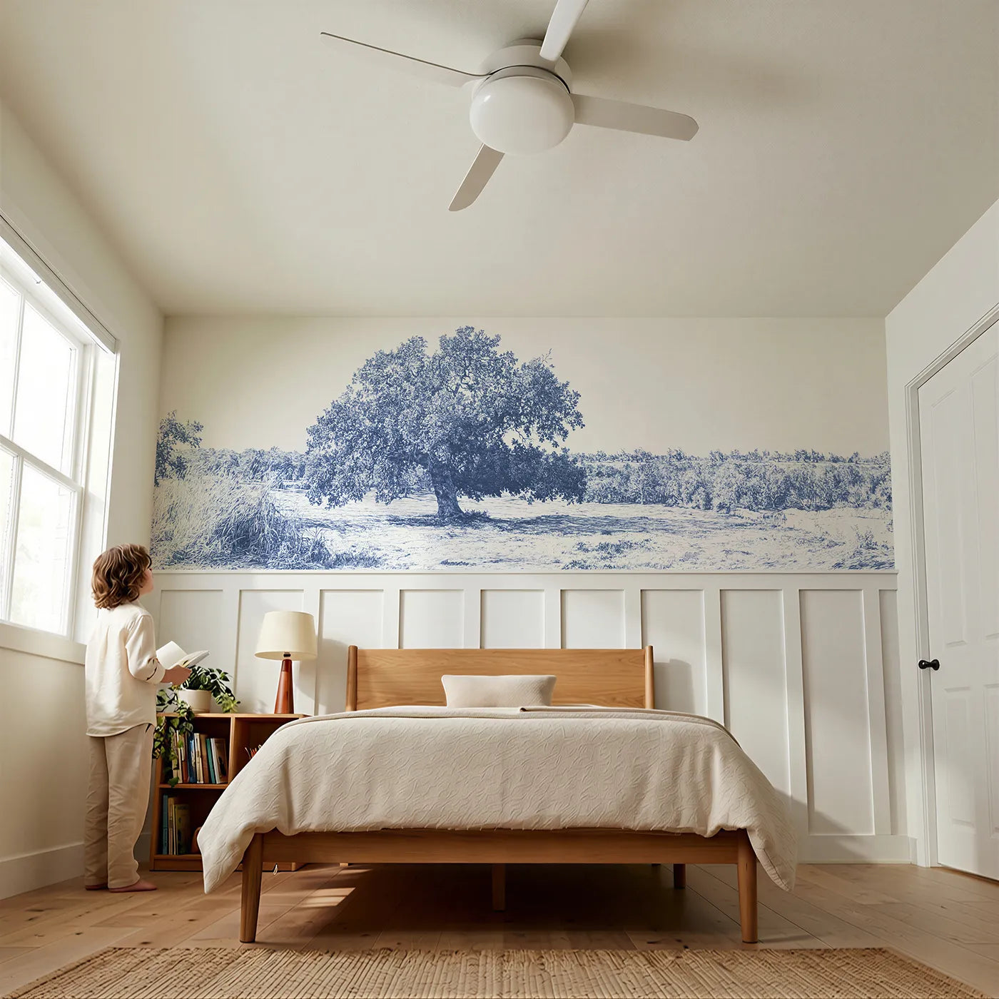 Child reading near The One Great Oak Wainscoting Wallpaper by Whimsy Tots