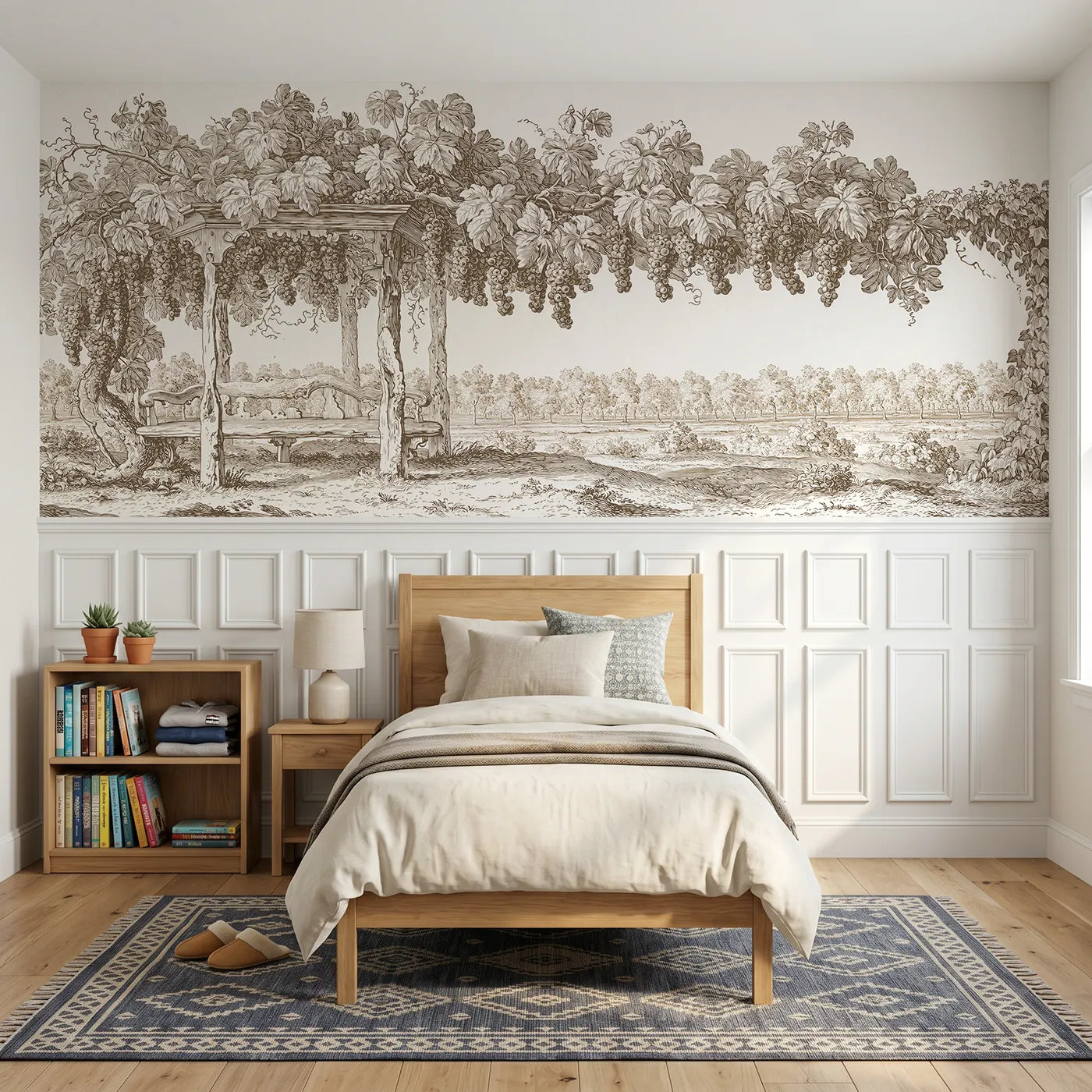 Toile wainscoting wallpaper of the grape arbor in brown by Whimsy Tots