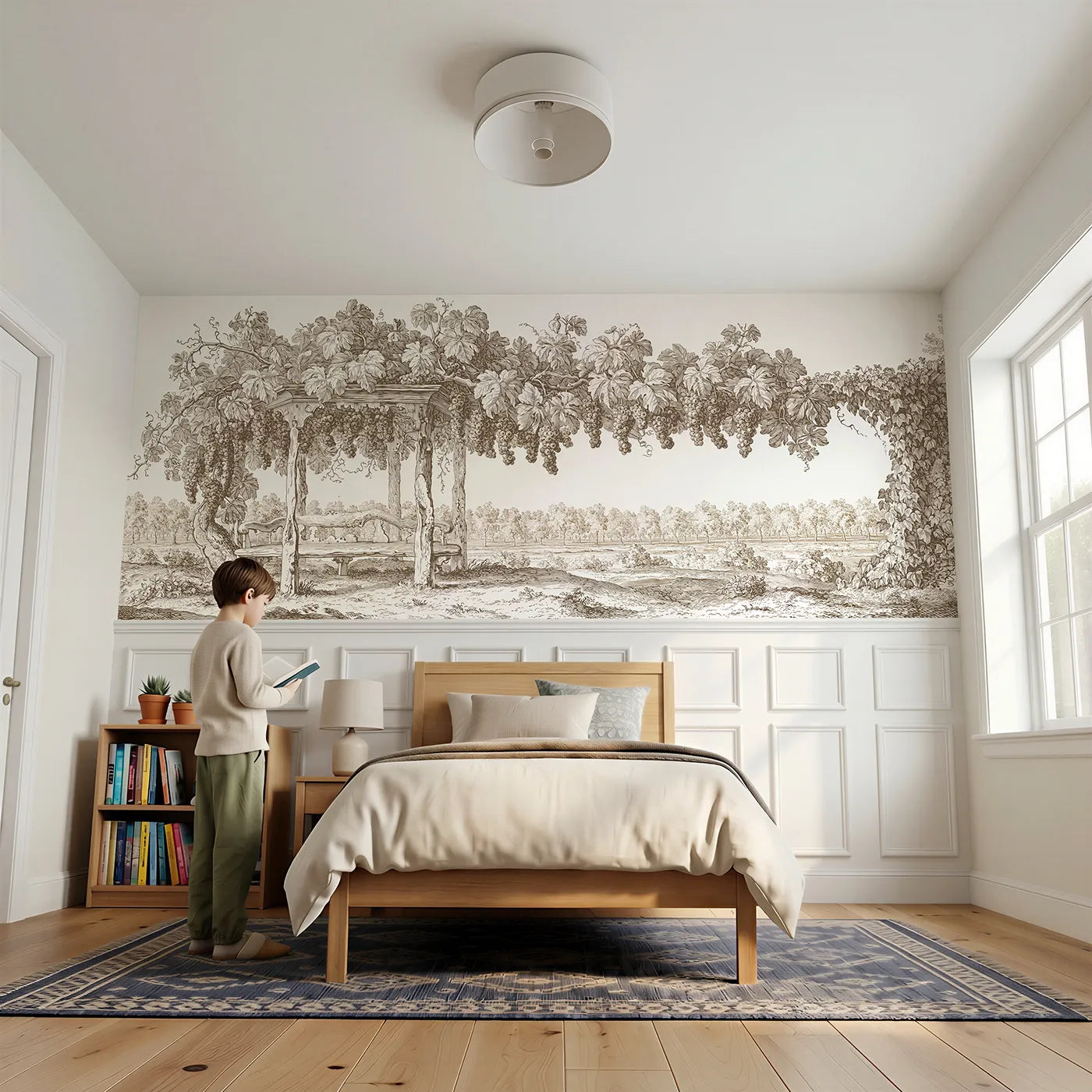 Child reading near The Grape Arbour Wainscoting Wallpaper in Brown by Whimsy Tots