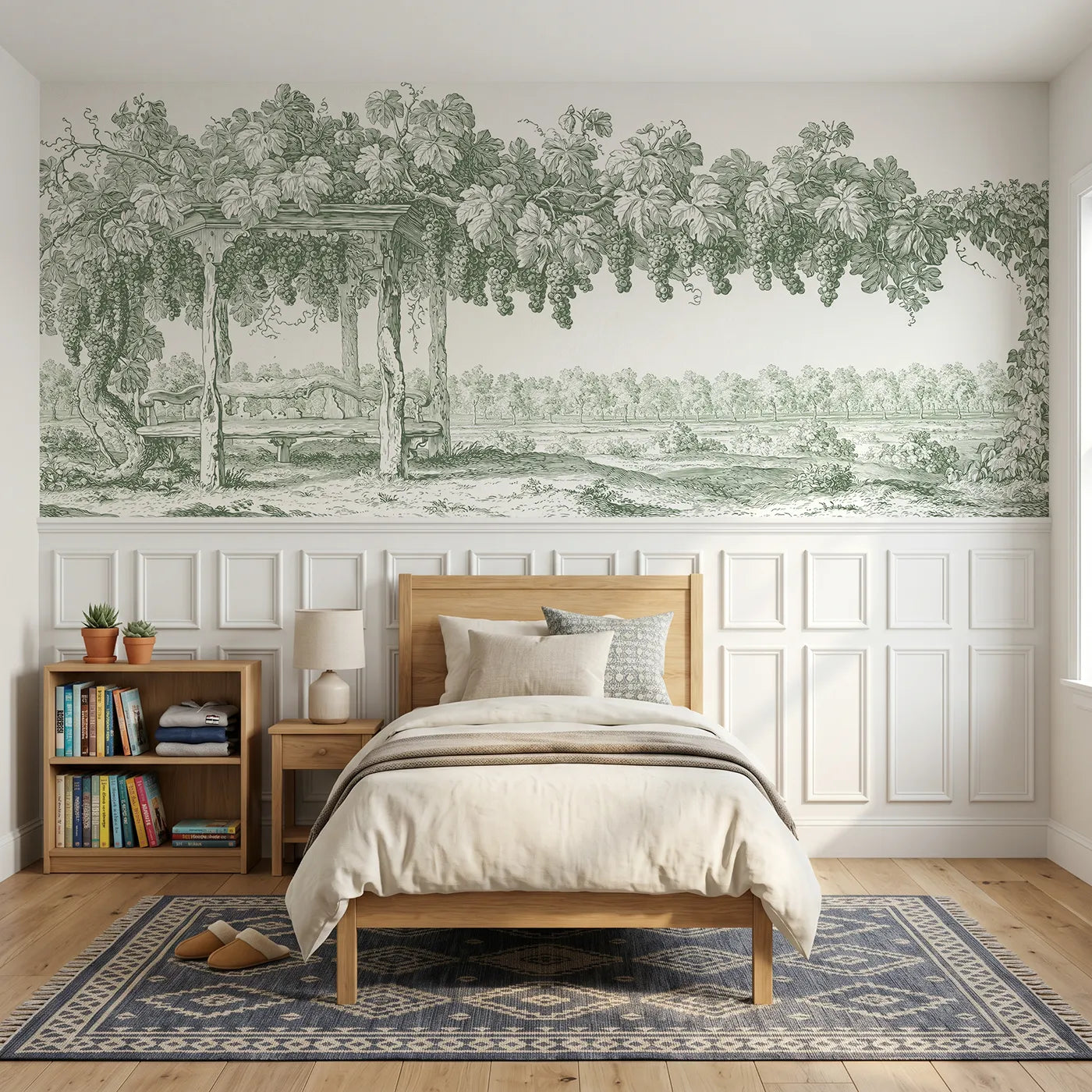 Toile wainscoting wallpaper of the grape arbor in green by Whimsy Tots