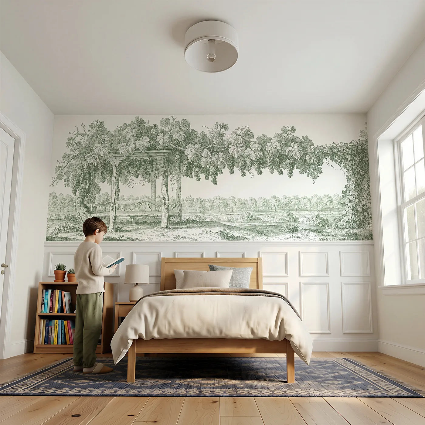Child reading near The Grape Arbour Wainscoting Wallpaper in Green by Whimsy Tots