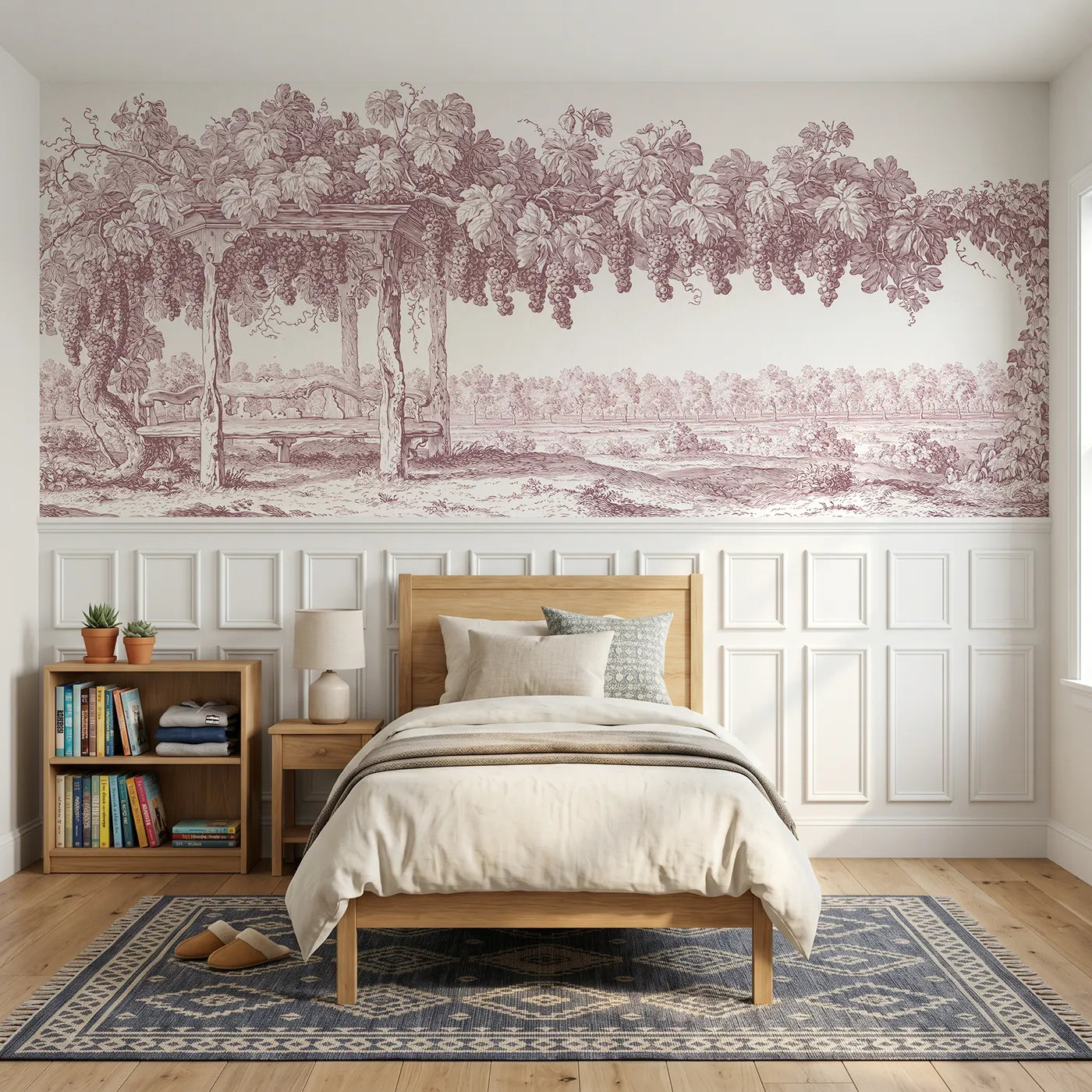 Toile wainscoting wallpaper of the grape arbor in pink by Whimsy Tots