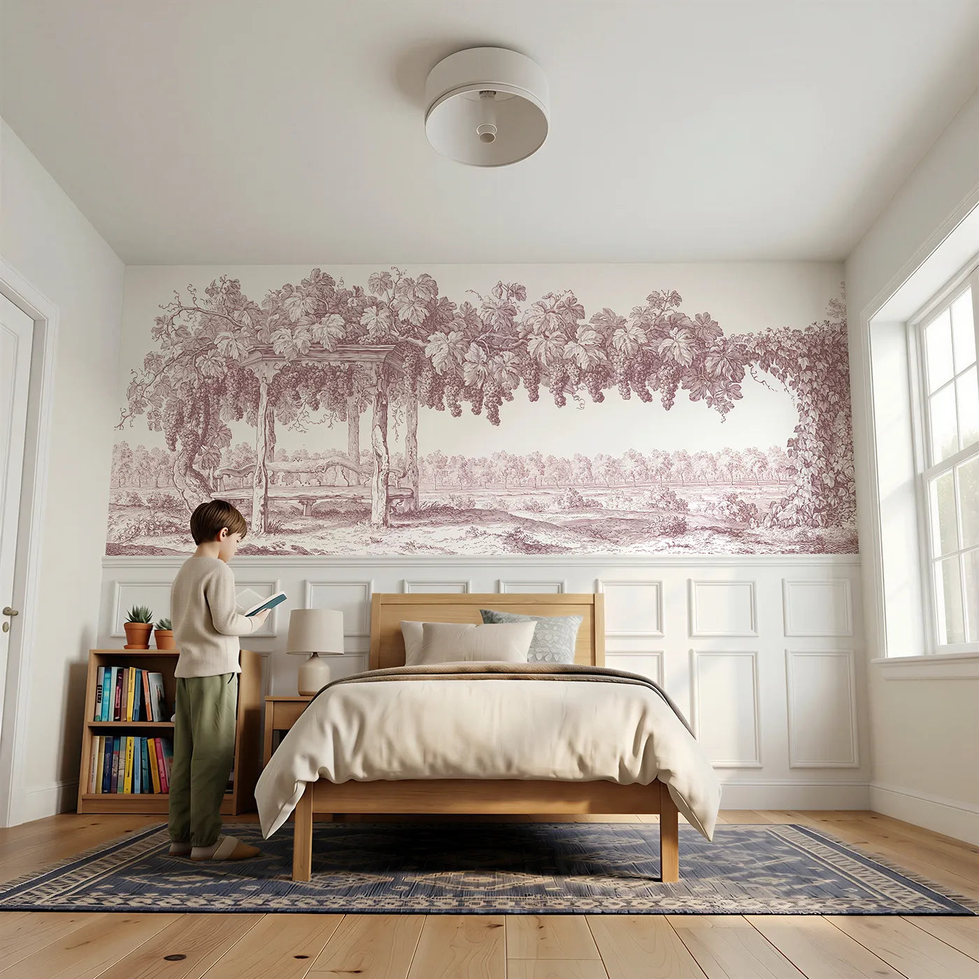 Child reading near The Grape Arbour Wainscoting Wallpaper in Pink by Whimsy Tots