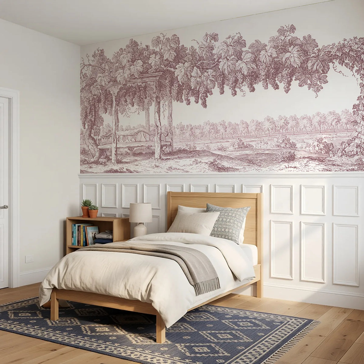 The Grape Arbour Wainscoting Wallpaper in Pink styled in a kids room by Whimsy Tots