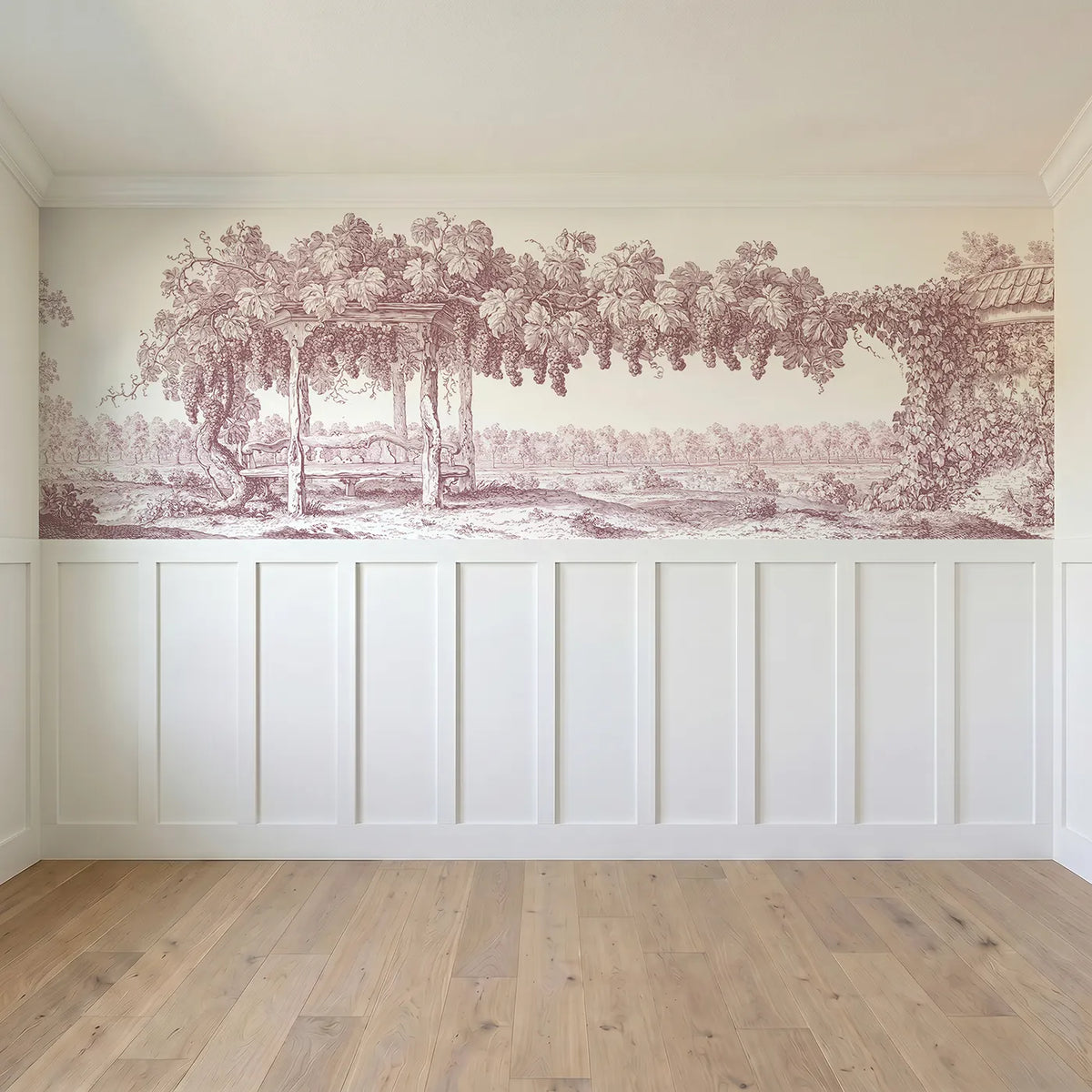 Full panel view of The Grape Arbour Wainscoting Wallpaper in Pink by Whimsy Tots