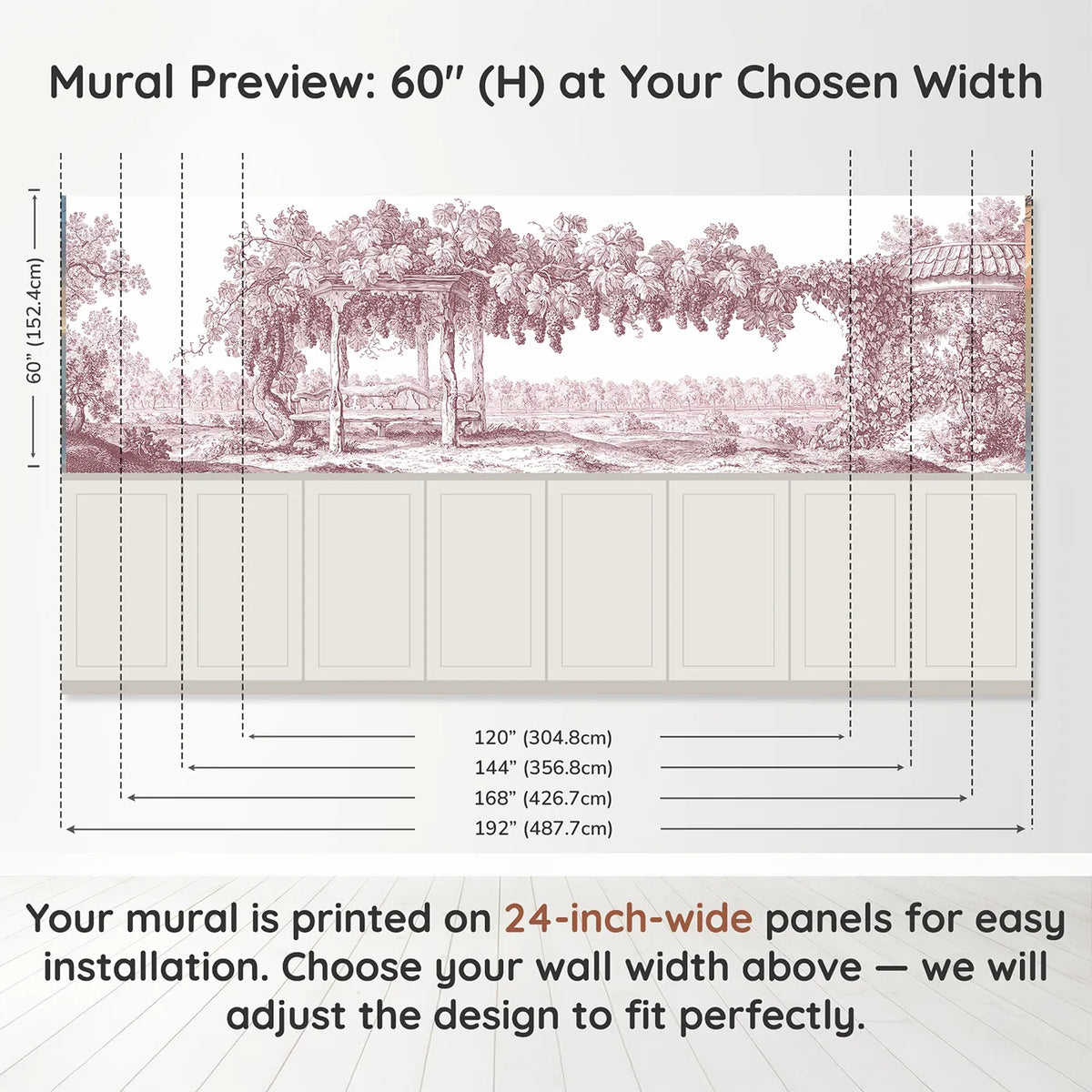 Panel dimensions for The Grape Arbour Wainscoting Wallpaper in Pink by Whimsy Tots