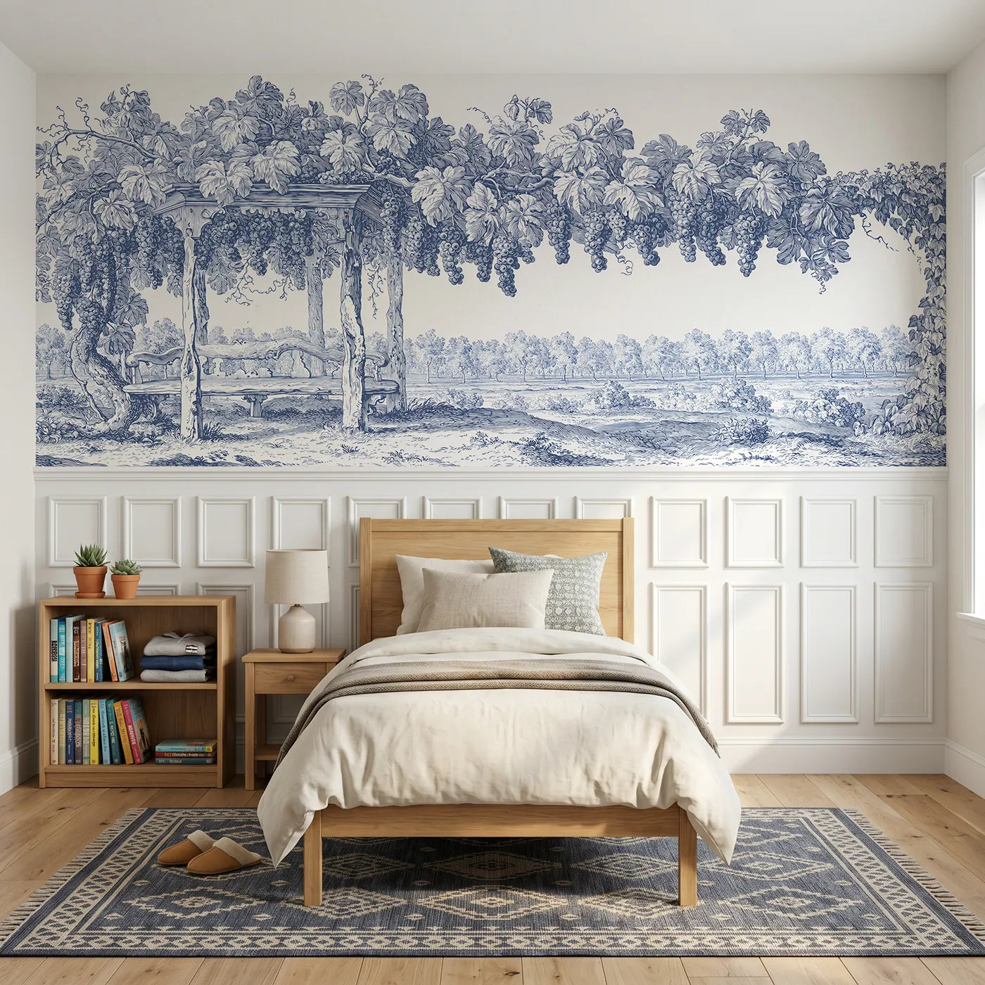 Toile wainscoting wallpaper of the grape arbor by Whimsy Tots