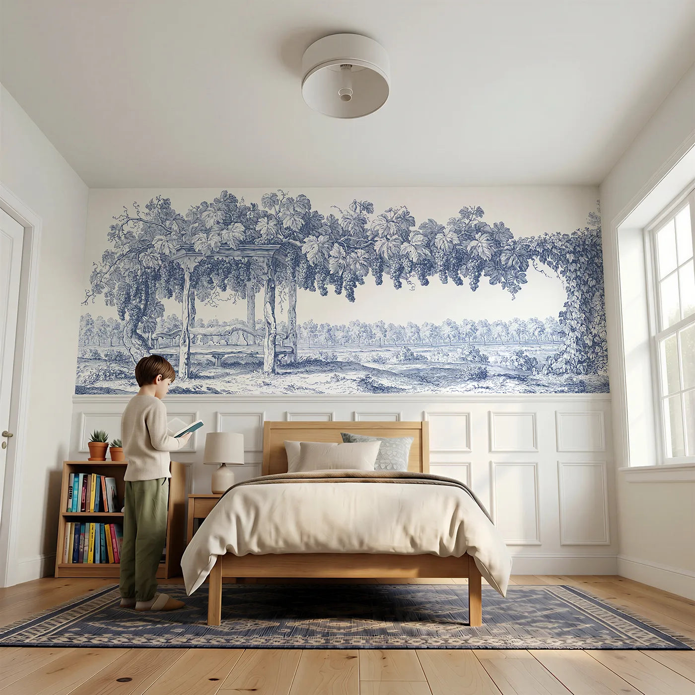 Child reading near The Grape Arbour Wainscoting Wallpaper by Whimsy Tots