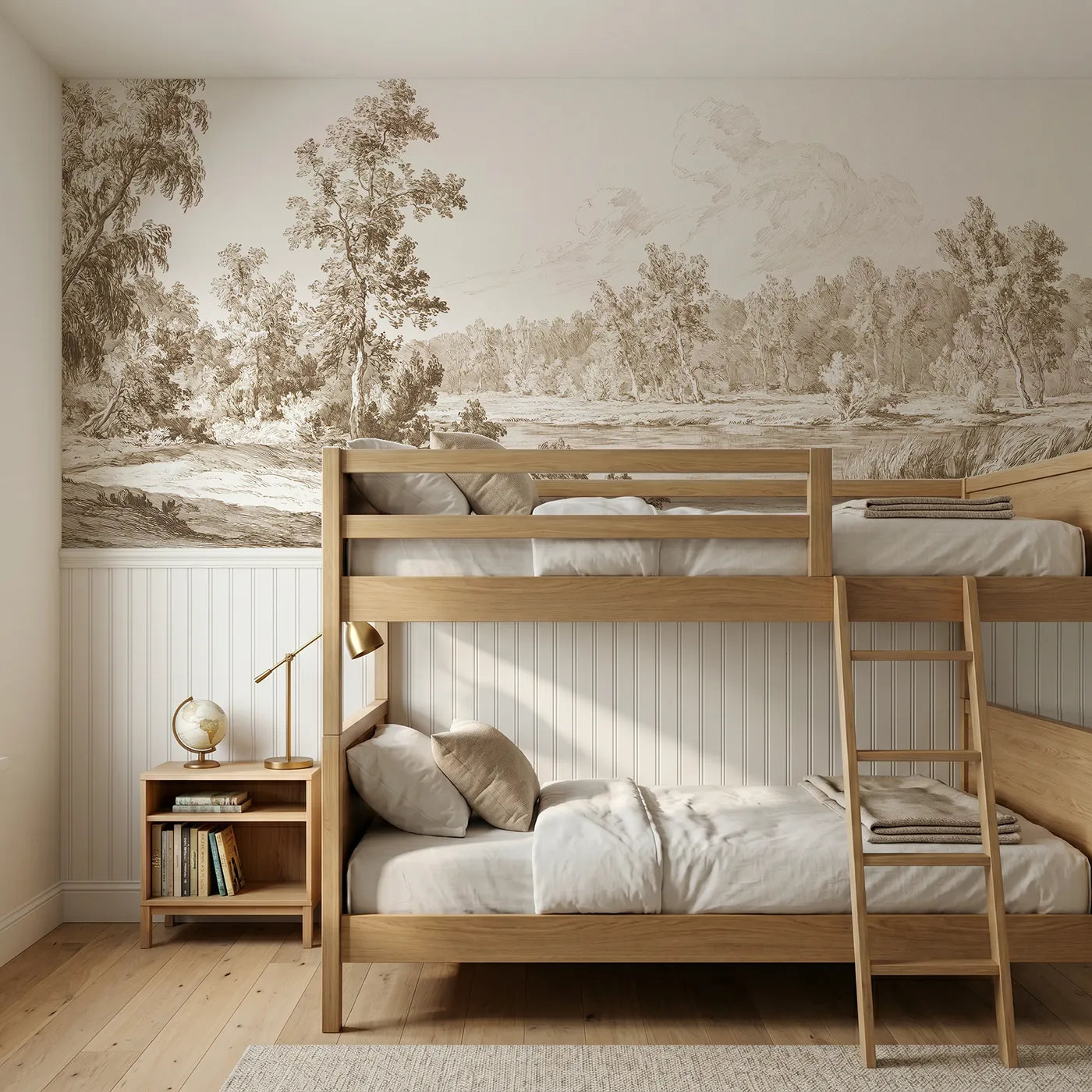Toile wainscoting wallpaper of mist on the river meadow in brown by Whimsy Tots