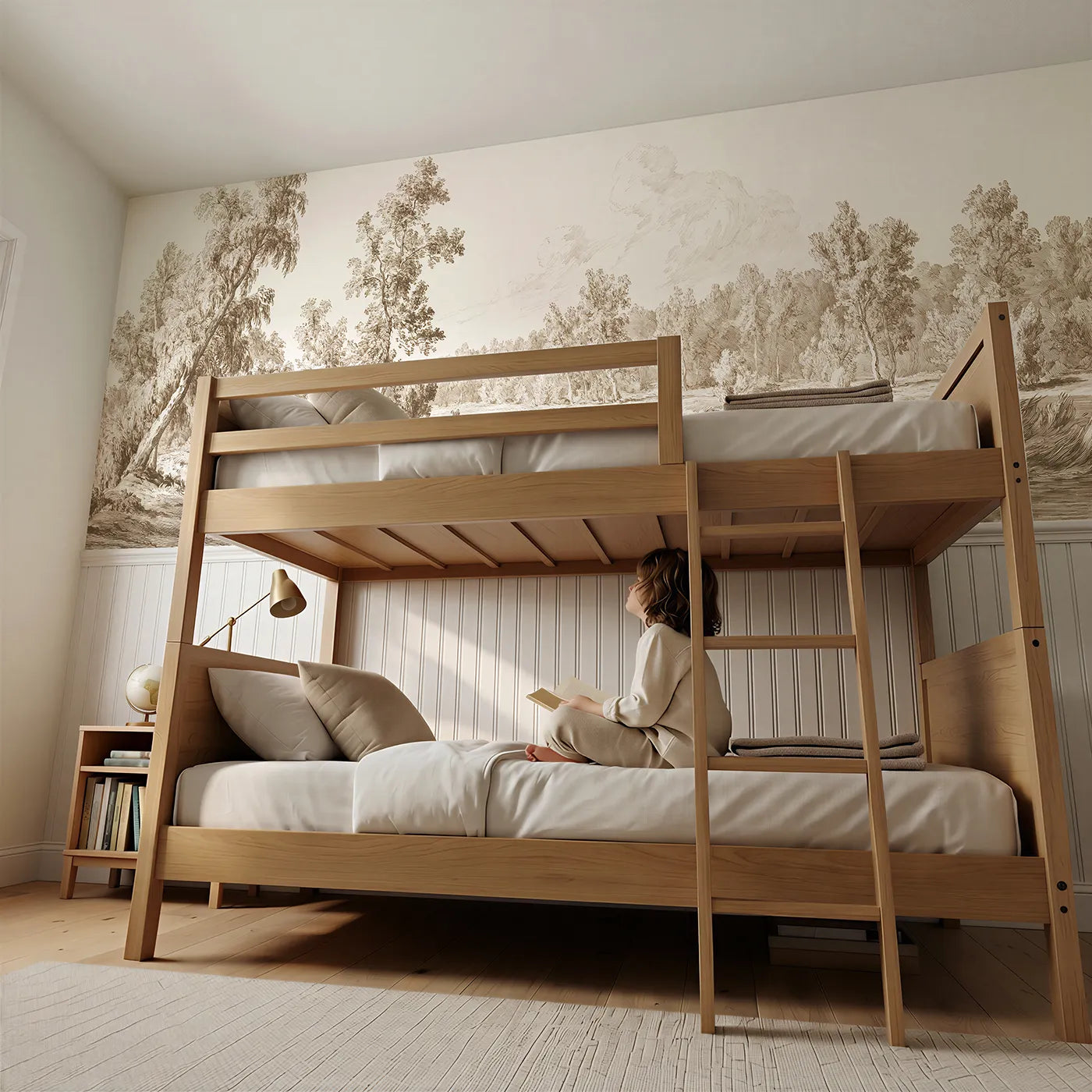 Child reading near Mist On The River Meadow Wainscoting Wallpaper in Brown by Whimsy Tots