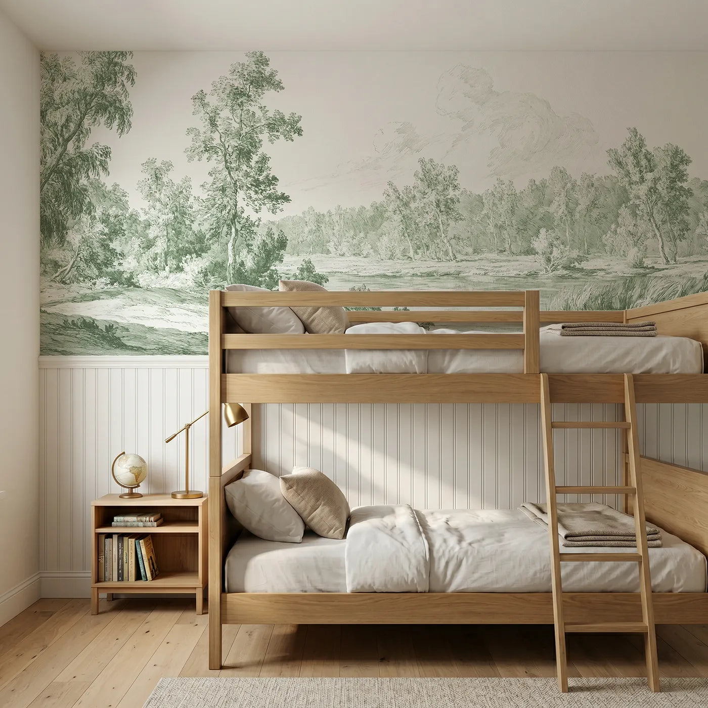 Toile wainscoting wallpaper of mist on the river meadow in green by Whimsy Tots