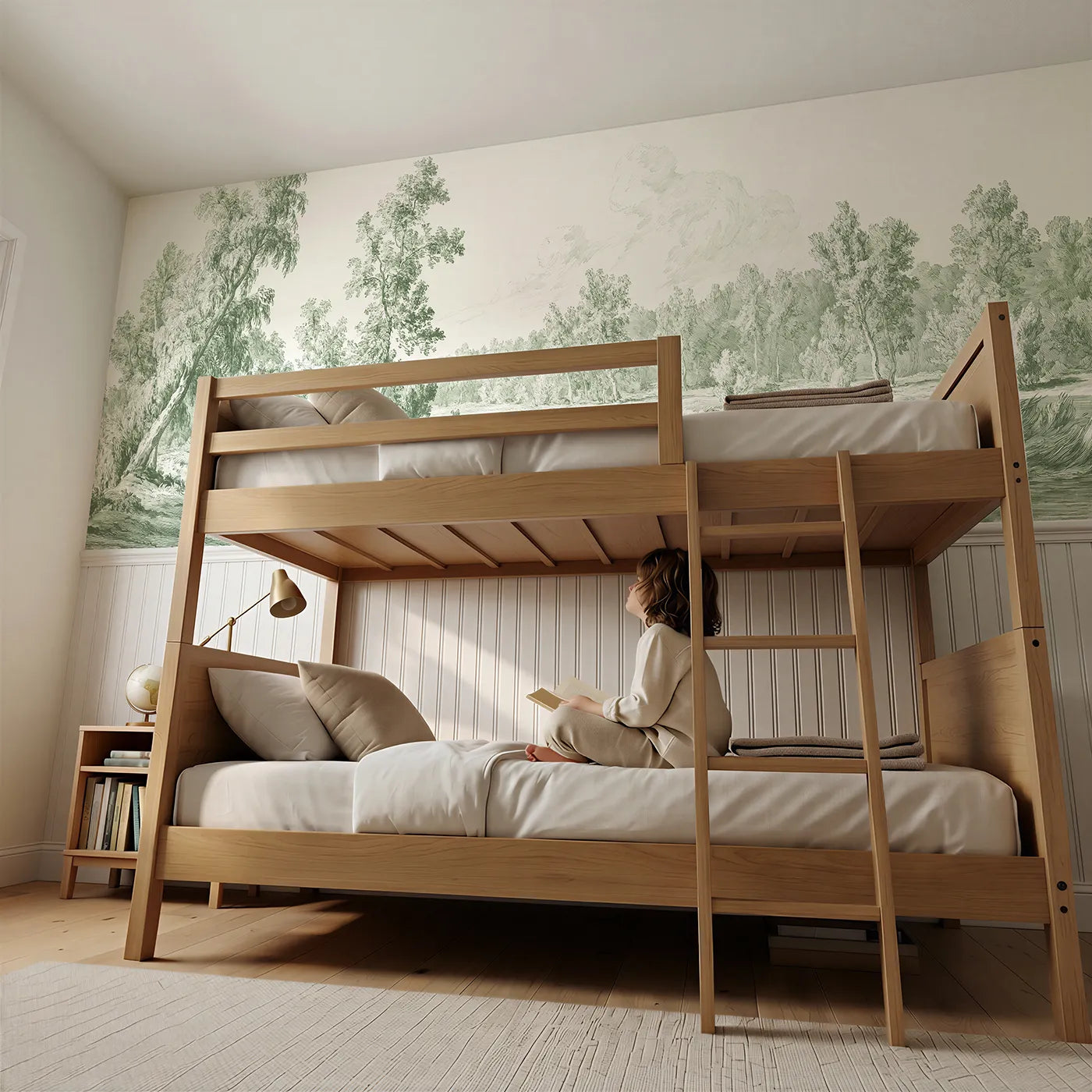 Child reading near Mist On The River Meadow Wainscoting Wallpaper in Green by Whimsy Tots