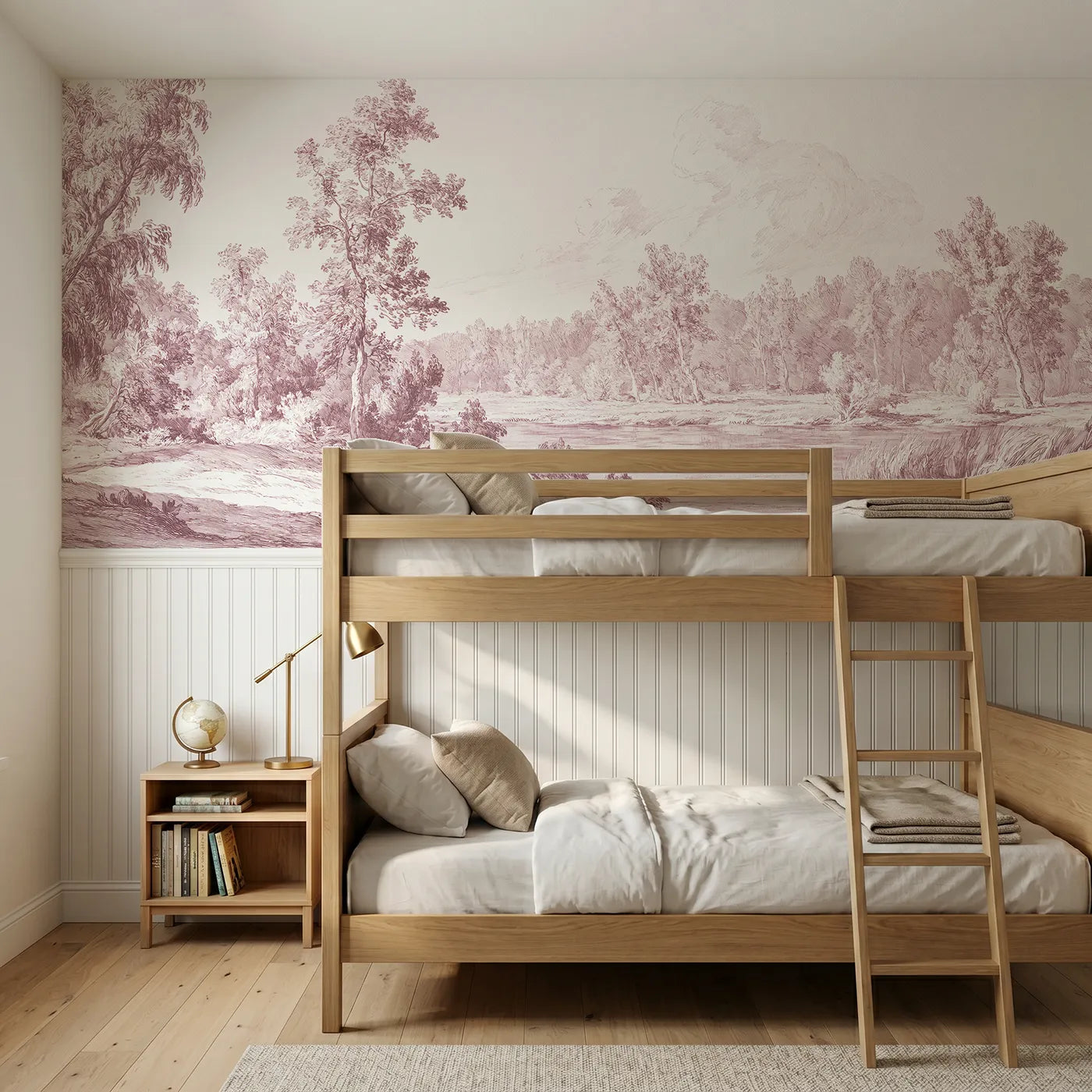 Toile wainscoting wallpaper of mist on the river meadow in pink by Whimsy Tots