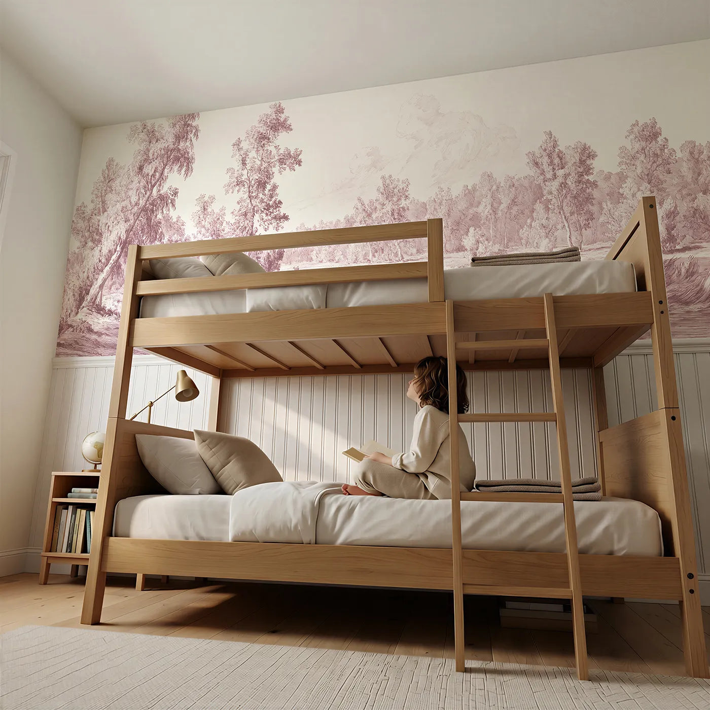 Child reading near Mist On The River Meadow Wainscoting Wallpaper in Pink by Whimsy Tots