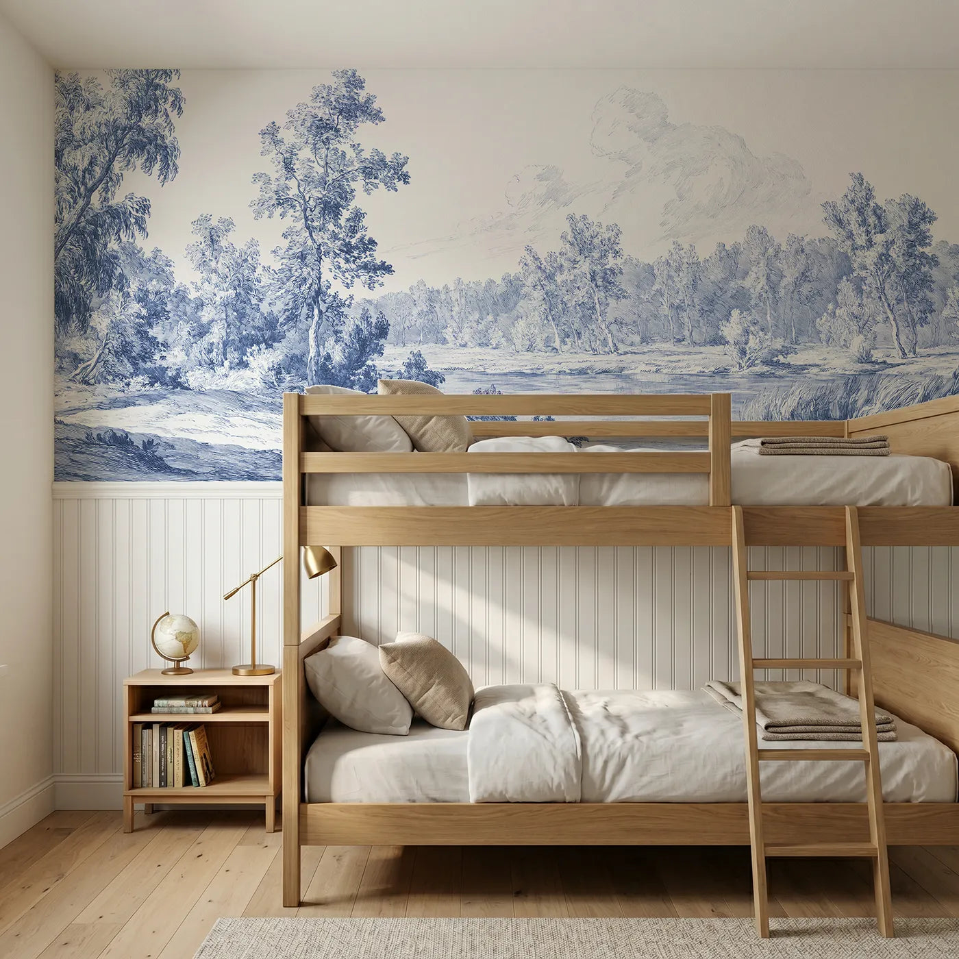 Toile wainscoting wallpaper of mist on the river meadow by Whimsy Tots