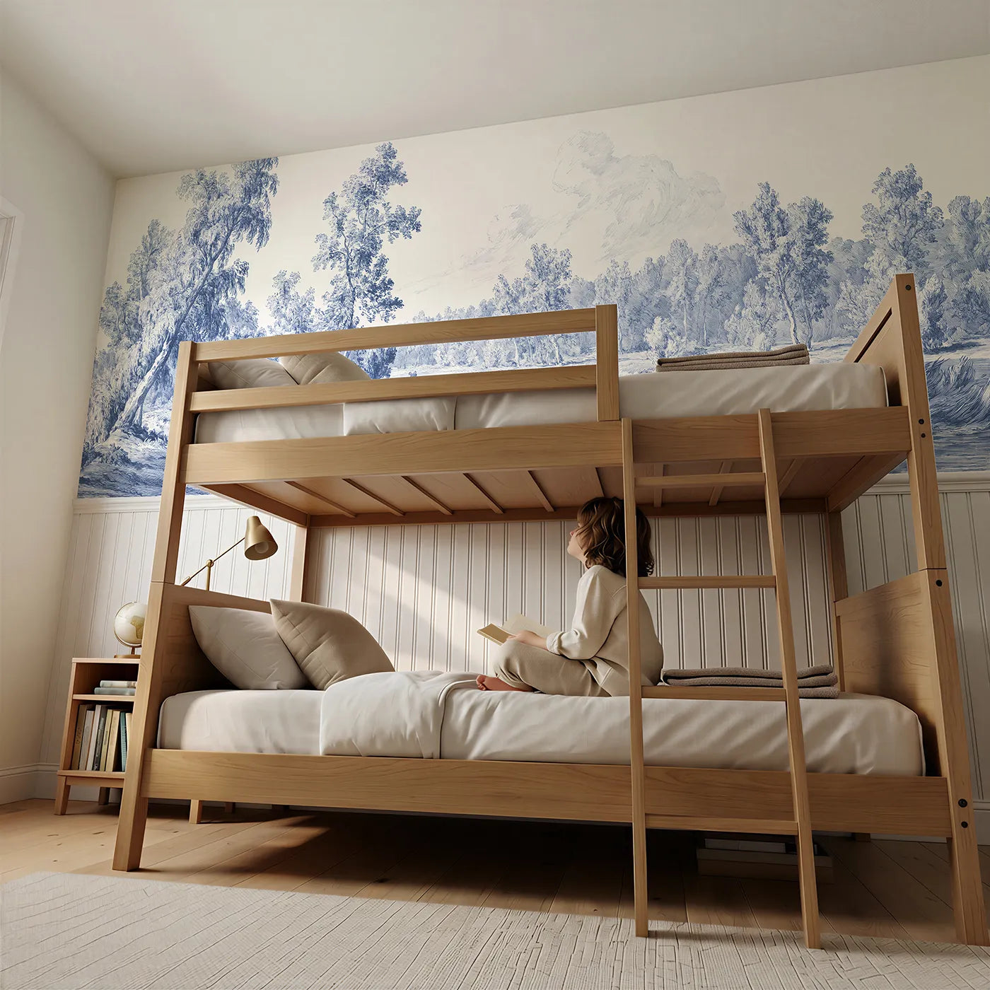 Child reading near Mist On The River Meadow Wainscoting Wallpaper by Whimsy Tots