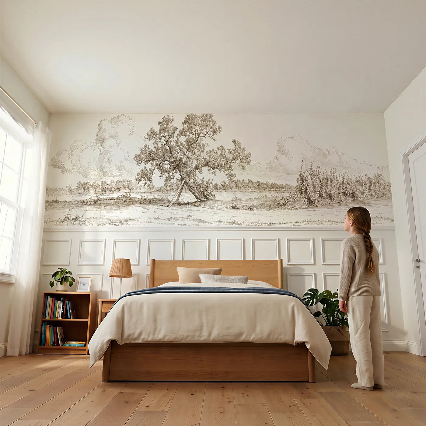 Child reading near The Old Mulberry Tree Wainscoting Wallpaper in Brown by Whimsy Tots