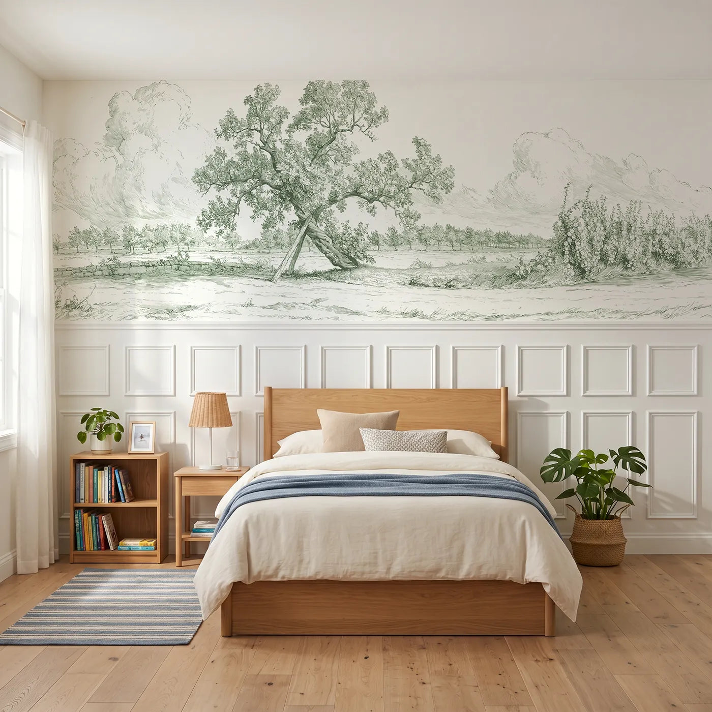 Toile wainscoting wallpaper of the old mulberry tree in green by Whimsy Tots