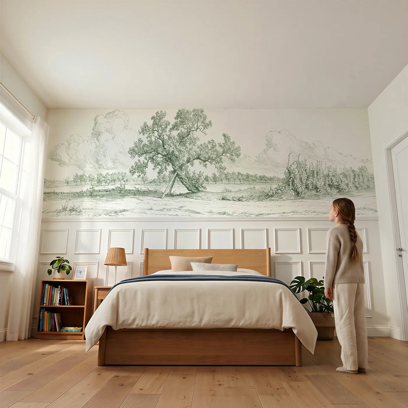 Child reading near The Old Mulberry Tree Wainscoting Wallpaper in Green by Whimsy Tots