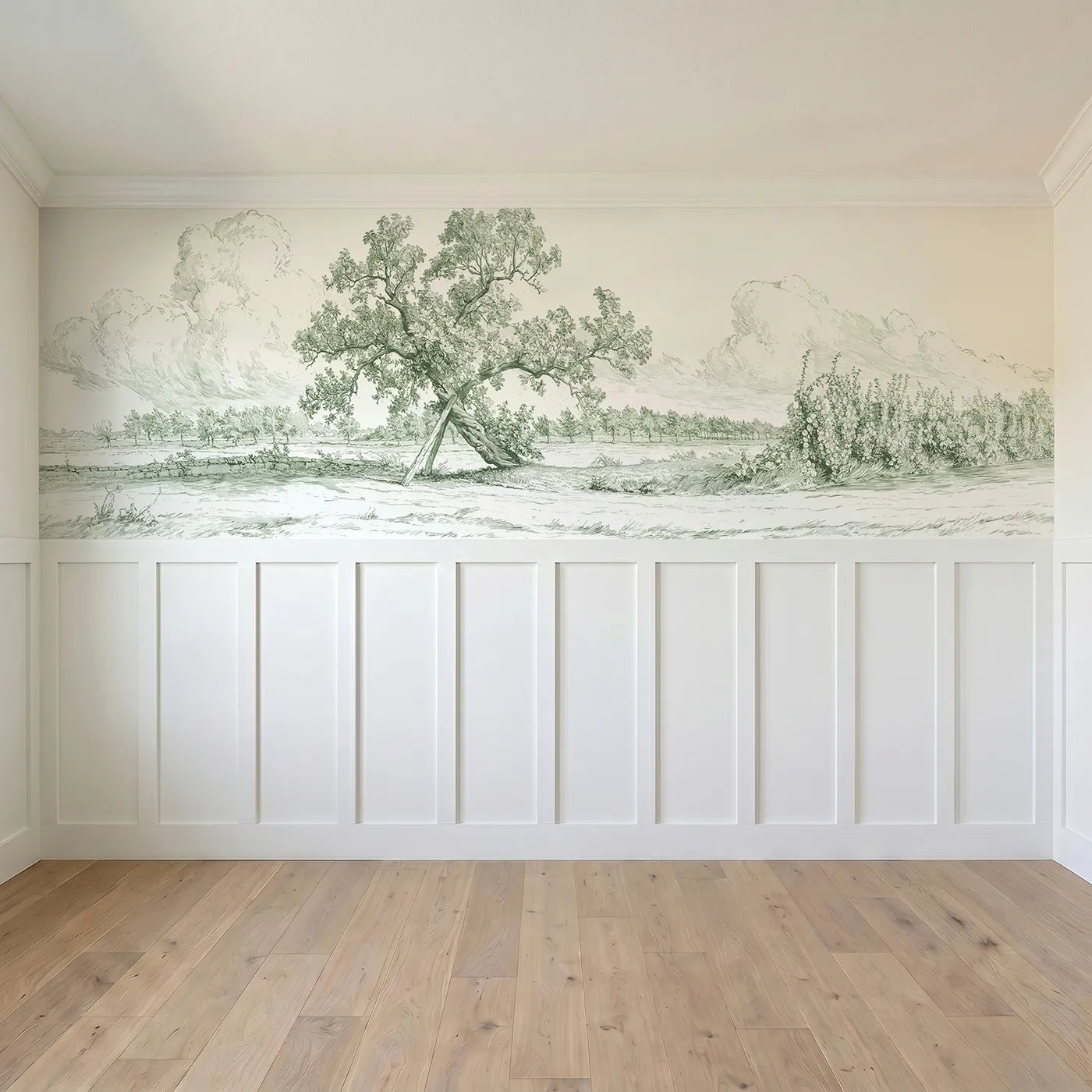 Full panel view of The Old Mulberry Tree Wainscoting Wallpaper in Green by Whimsy Tots