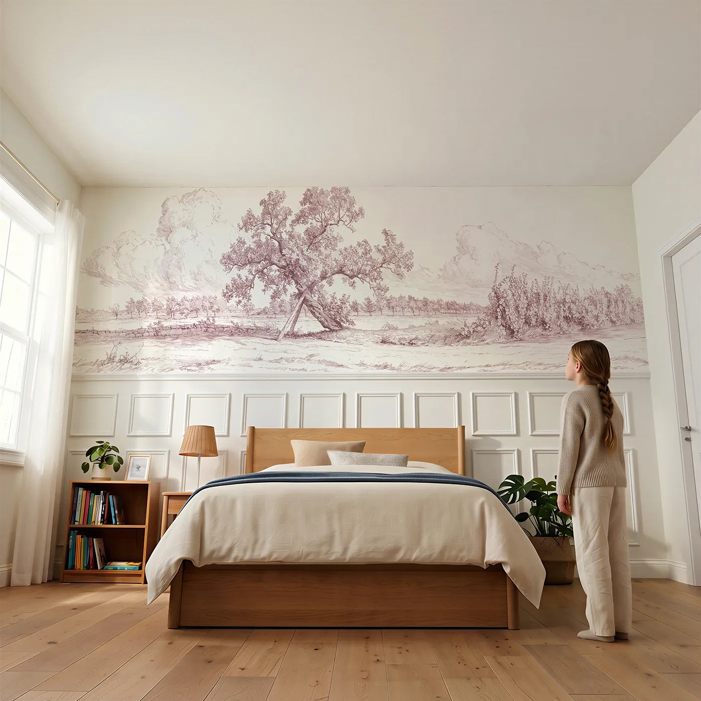 Child reading near The Old Mulberry Tree Wainscoting Wallpaper in Pink by Whimsy Tots
