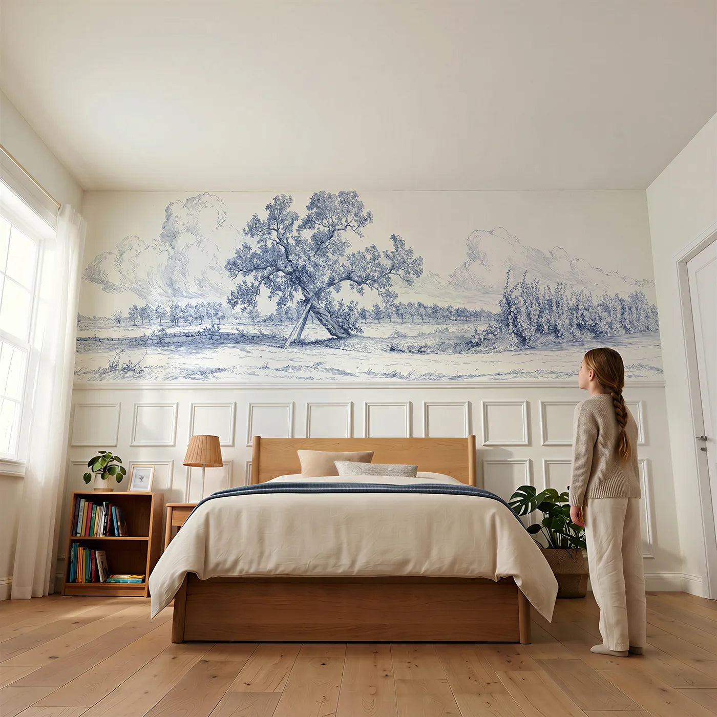 Child reading near The Old Mulberry Tree Wainscoting Wallpaper by Whimsy Tots