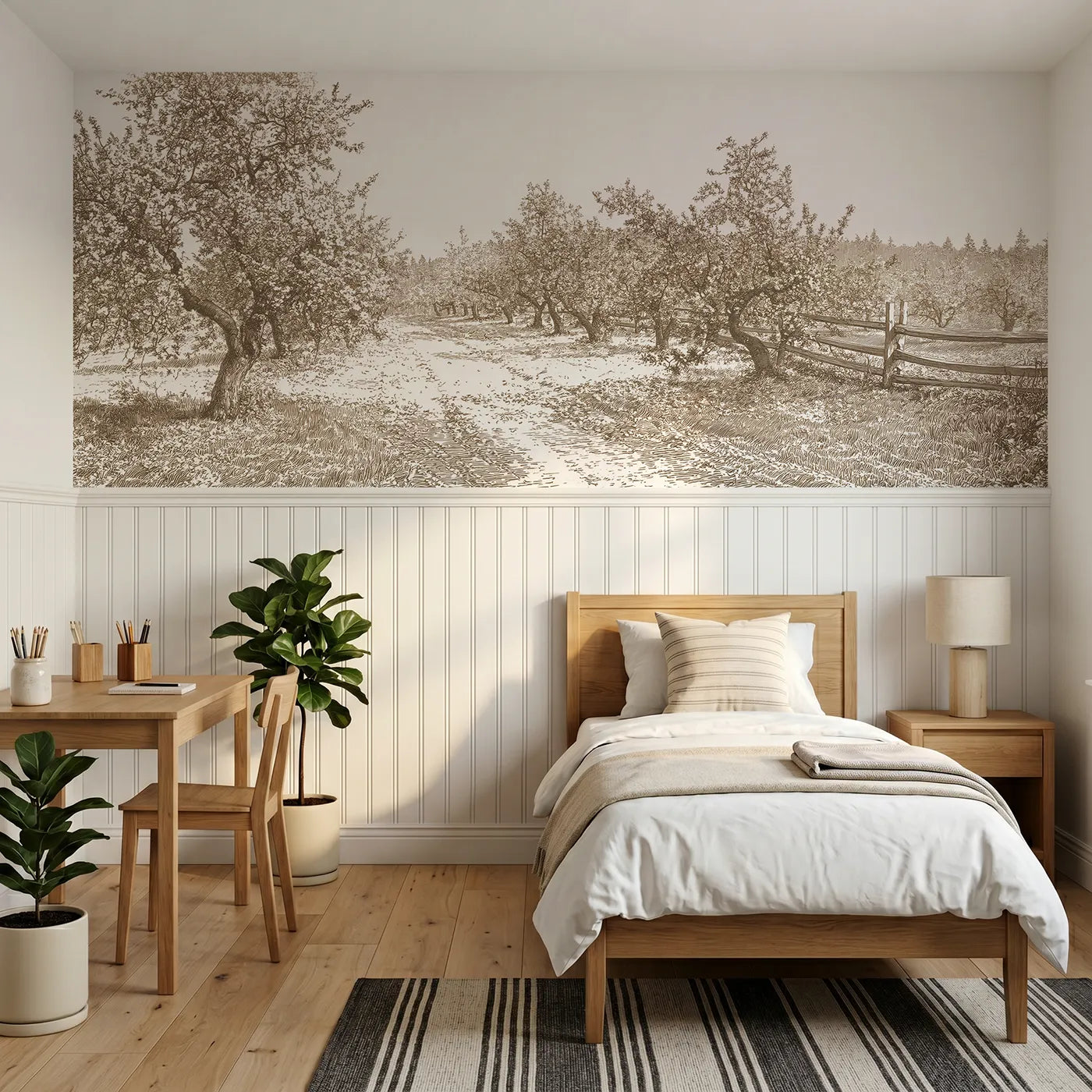 Toile wainscoting wallpaper of petals on the path in brown by Whimsy Tots