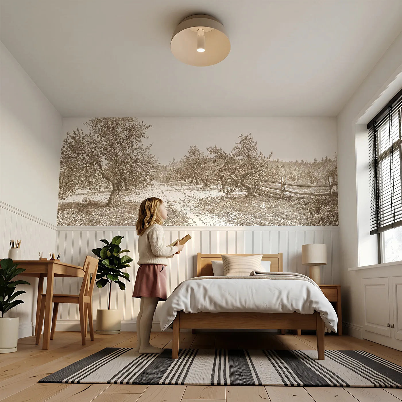 Child reading near Petals On The Path Wainscoting Wallpaper in Brown by Whimsy Tots