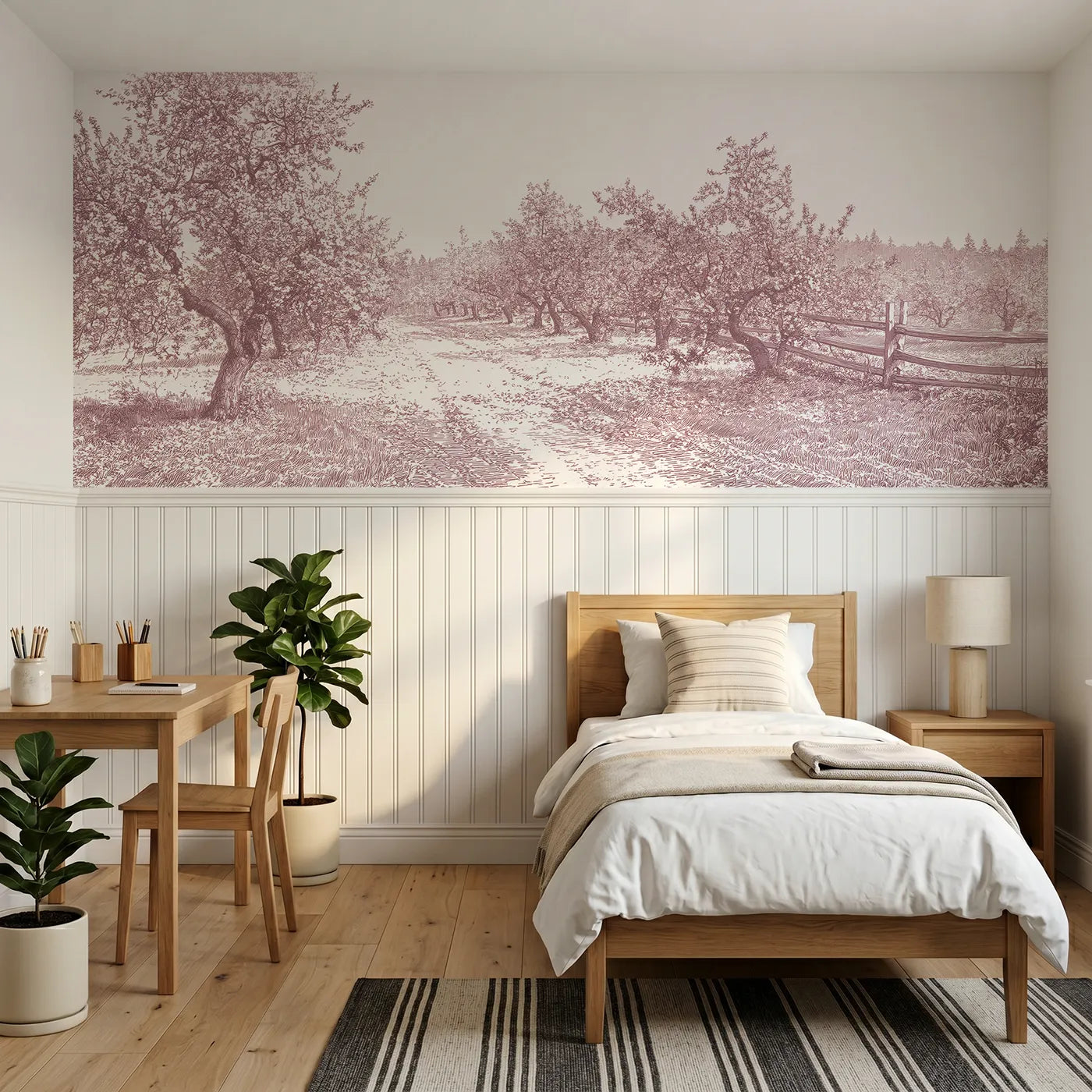 Toile wainscoting wallpaper of petals on the path in pink by Whimsy Tots