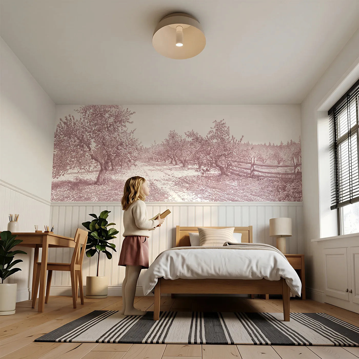 Child reading near Petals On The Path Wainscoting Wallpaper in Pink by Whimsy Tots