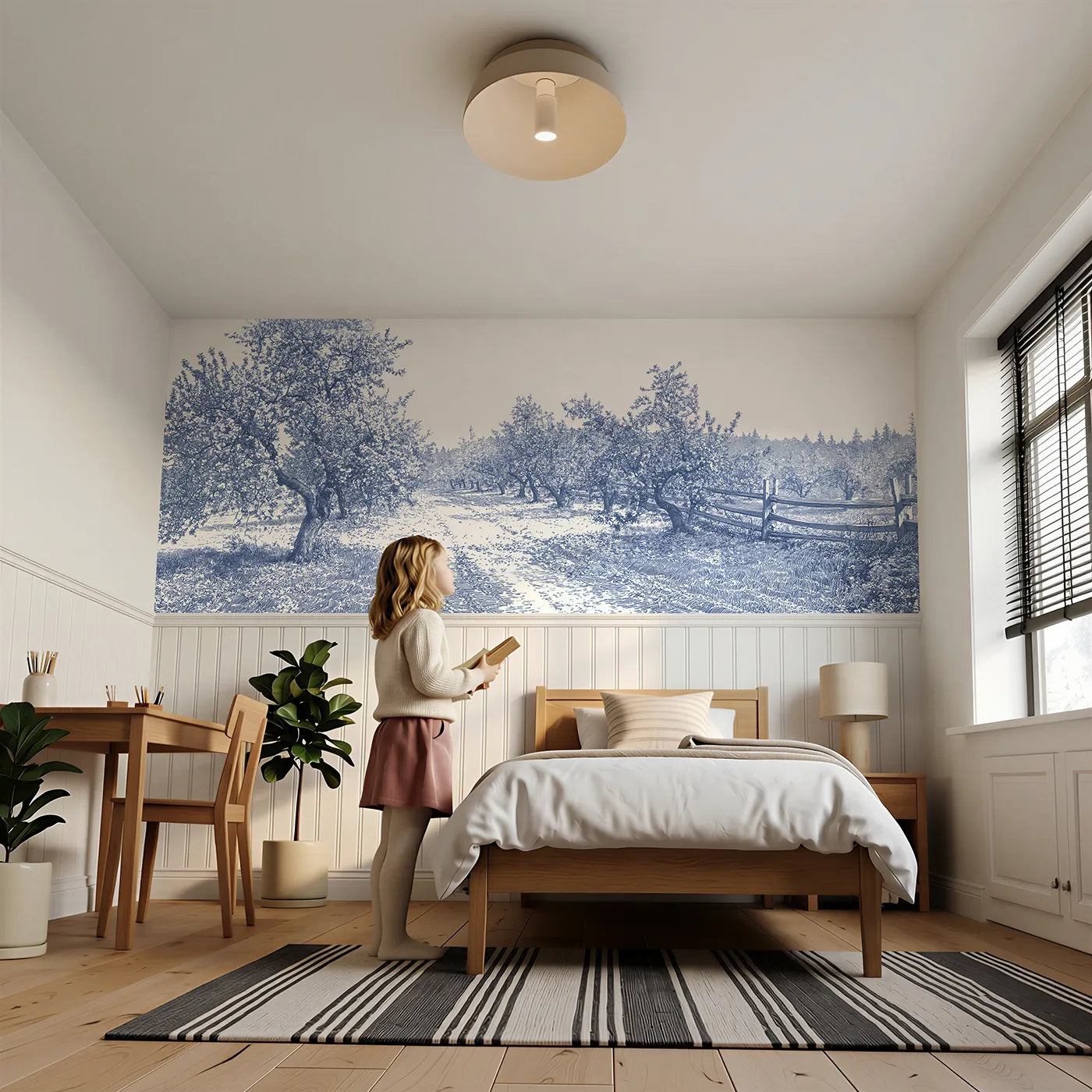 Child reading near Petals On The Path Wainscoting Wallpaper by Whimsy Tots