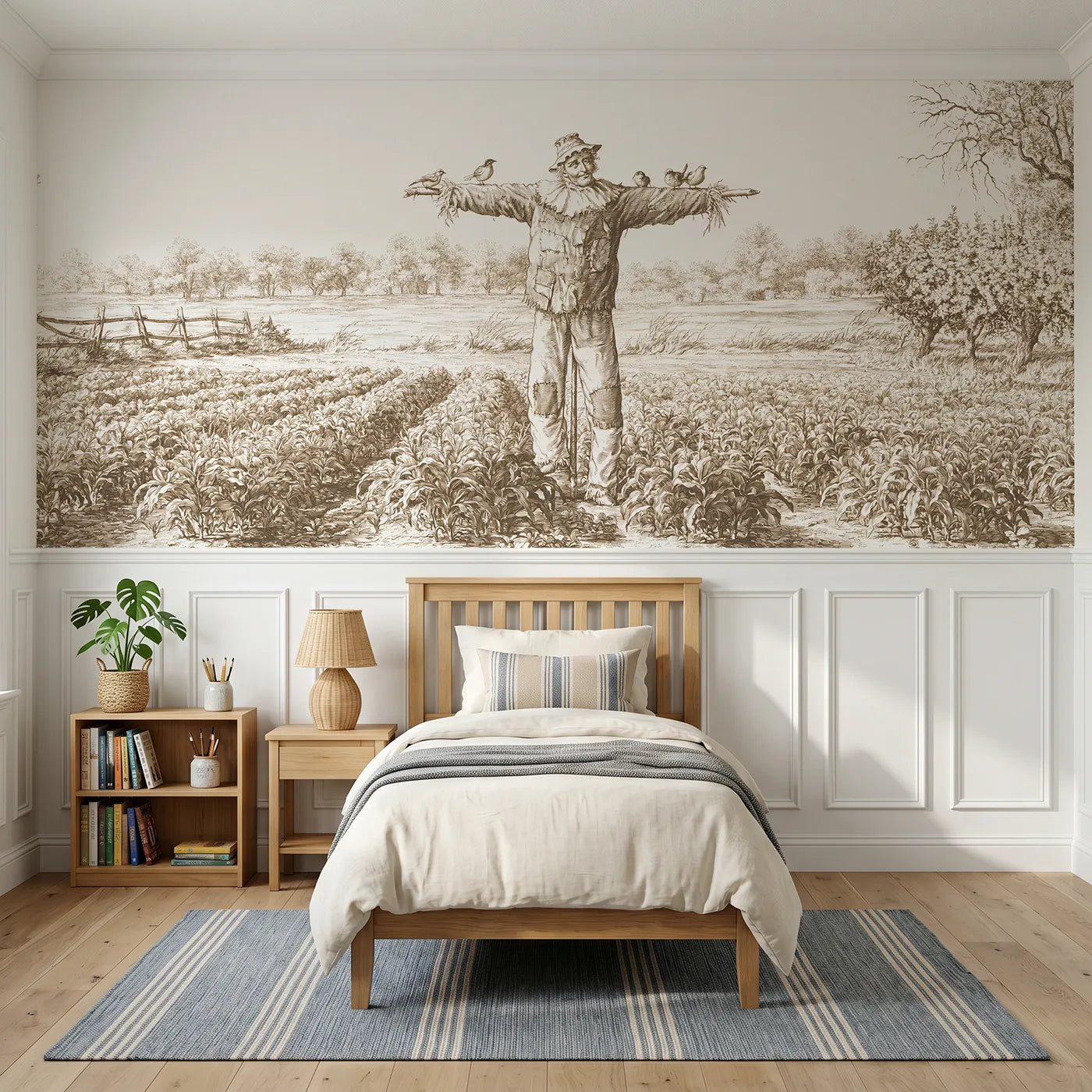 Toile wainscoting wallpaper of the friendly scarecrow in brown by Whimsy Tots