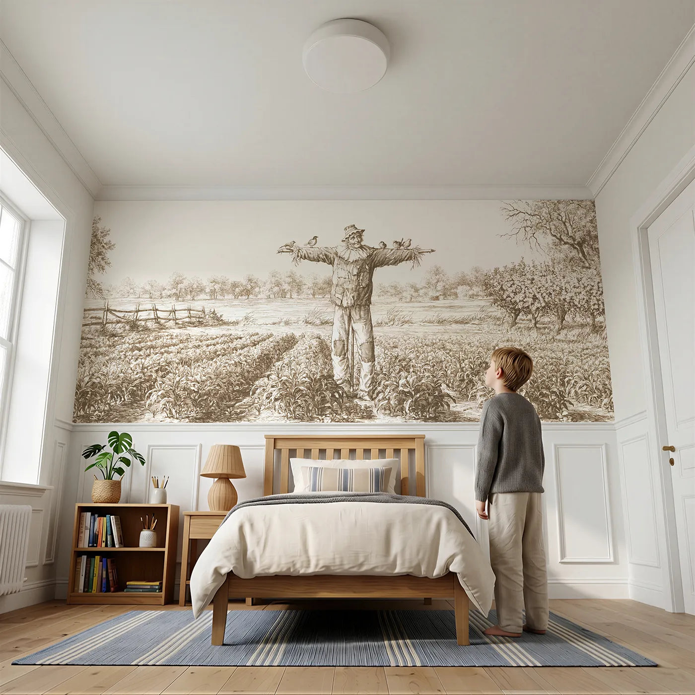 Child reading near The Friendly Scarecrow Wainscoting Wallpaper in Brown by Whimsy Tots