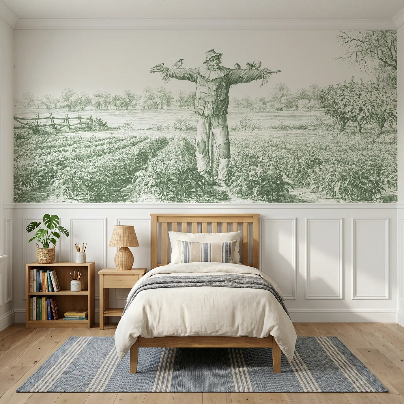 Toile wainscoting wallpaper of the friendly scarecrow in green by Whimsy Tots