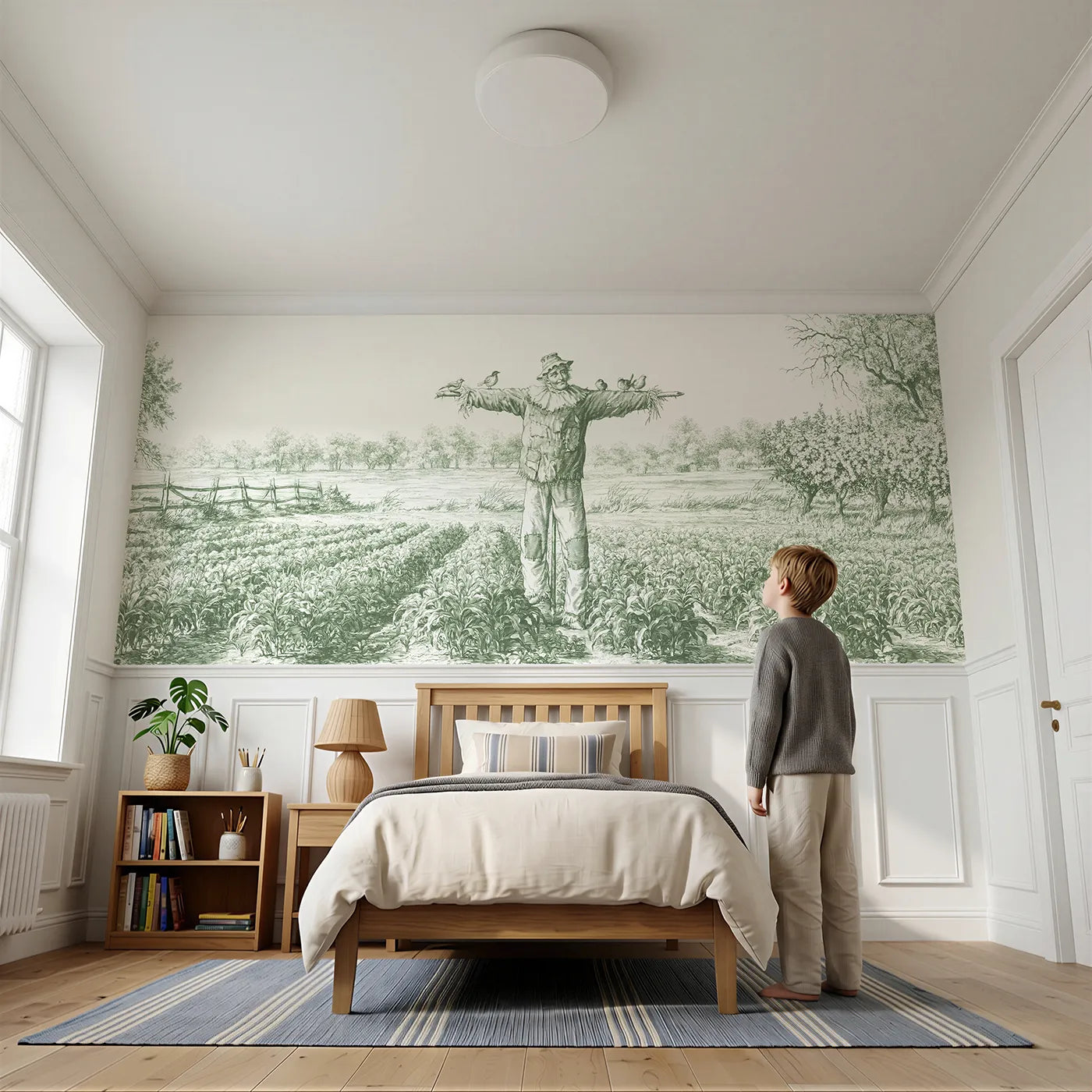 Child reading near The Friendly Scarecrow Wainscoting Wallpaper in Green by Whimsy Tots