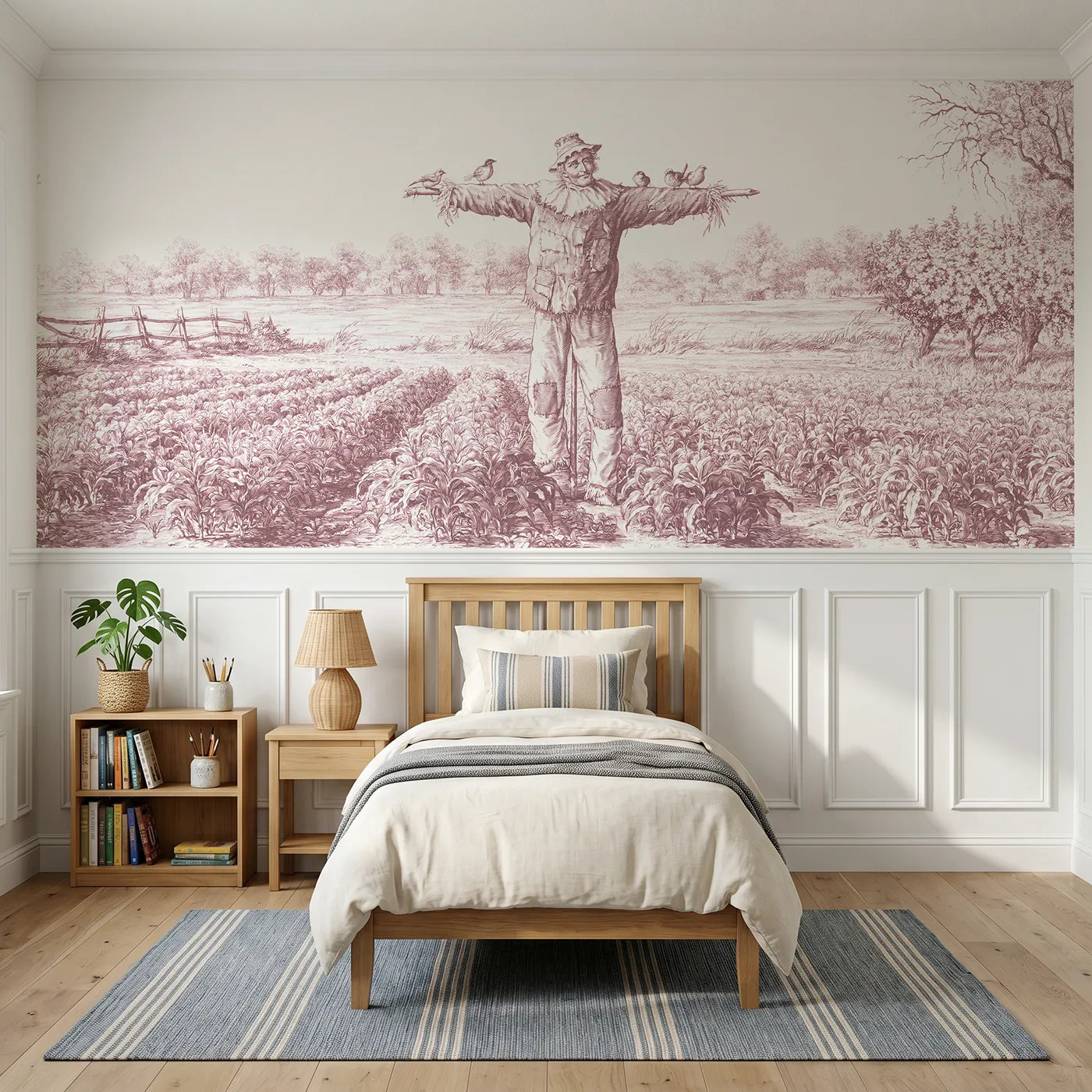 Toile wainscoting wallpaper of the friendly scarecrow in pink by Whimsy Tots