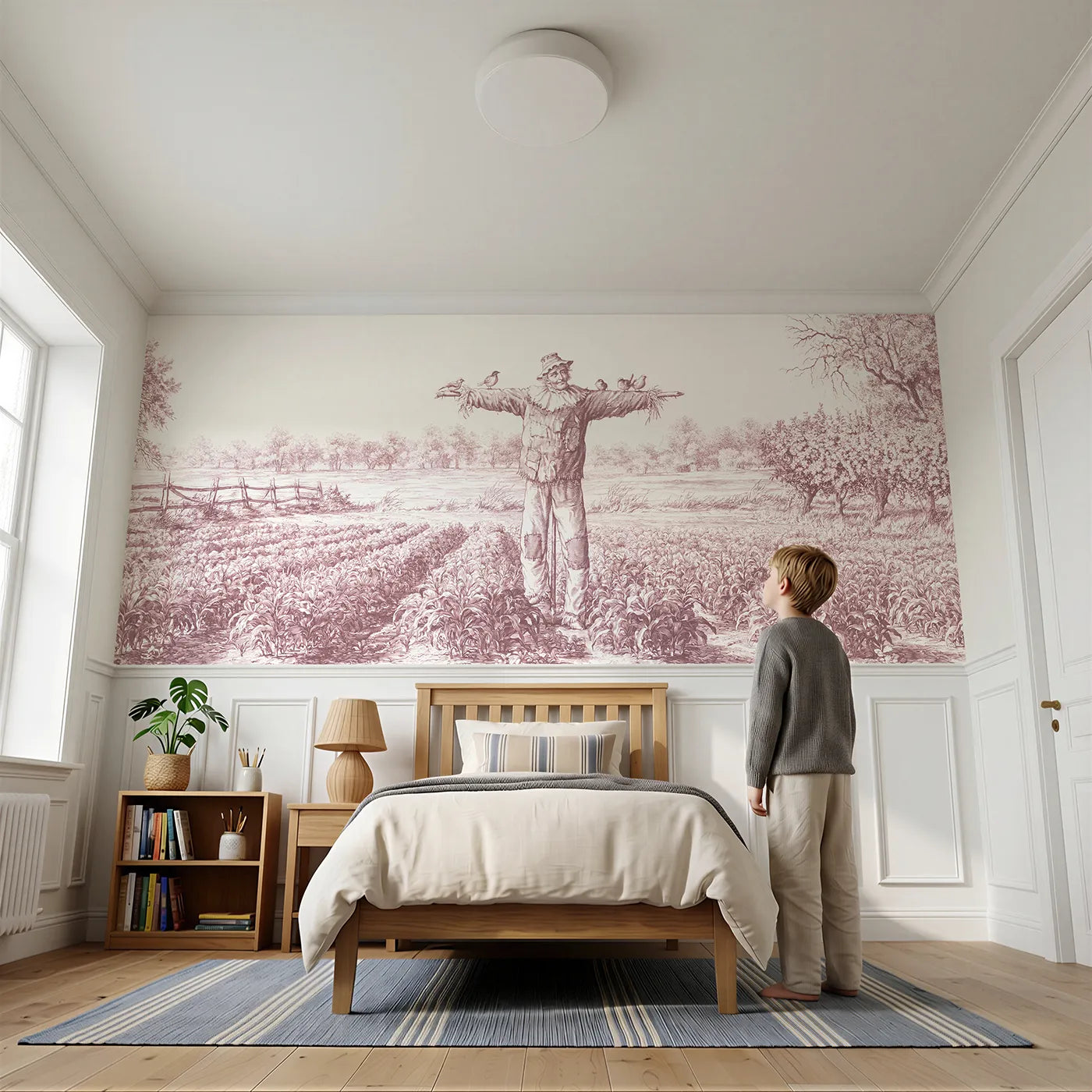Child reading near The Friendly Scarecrow Wainscoting Wallpaper in Pink by Whimsy Tots