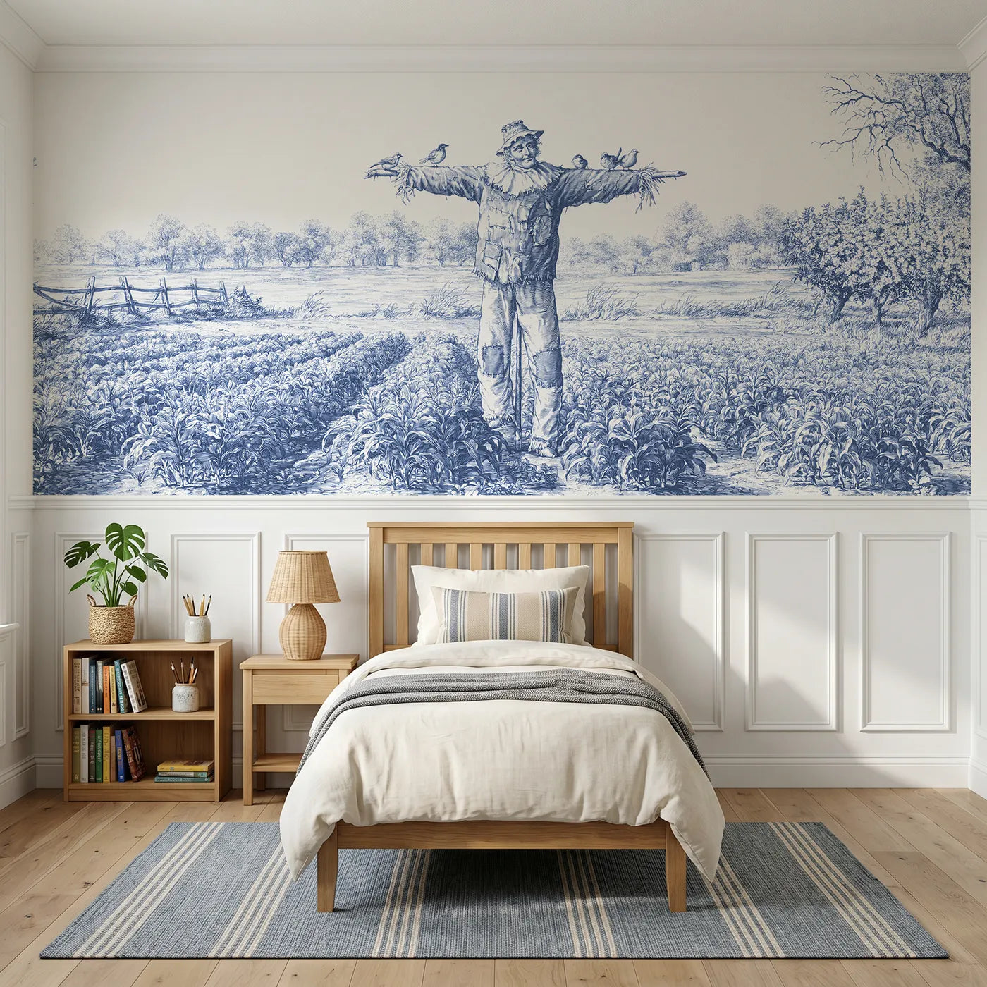 Toile wainscoting wallpaper of the friendly scarecrow by Whimsy Tots
