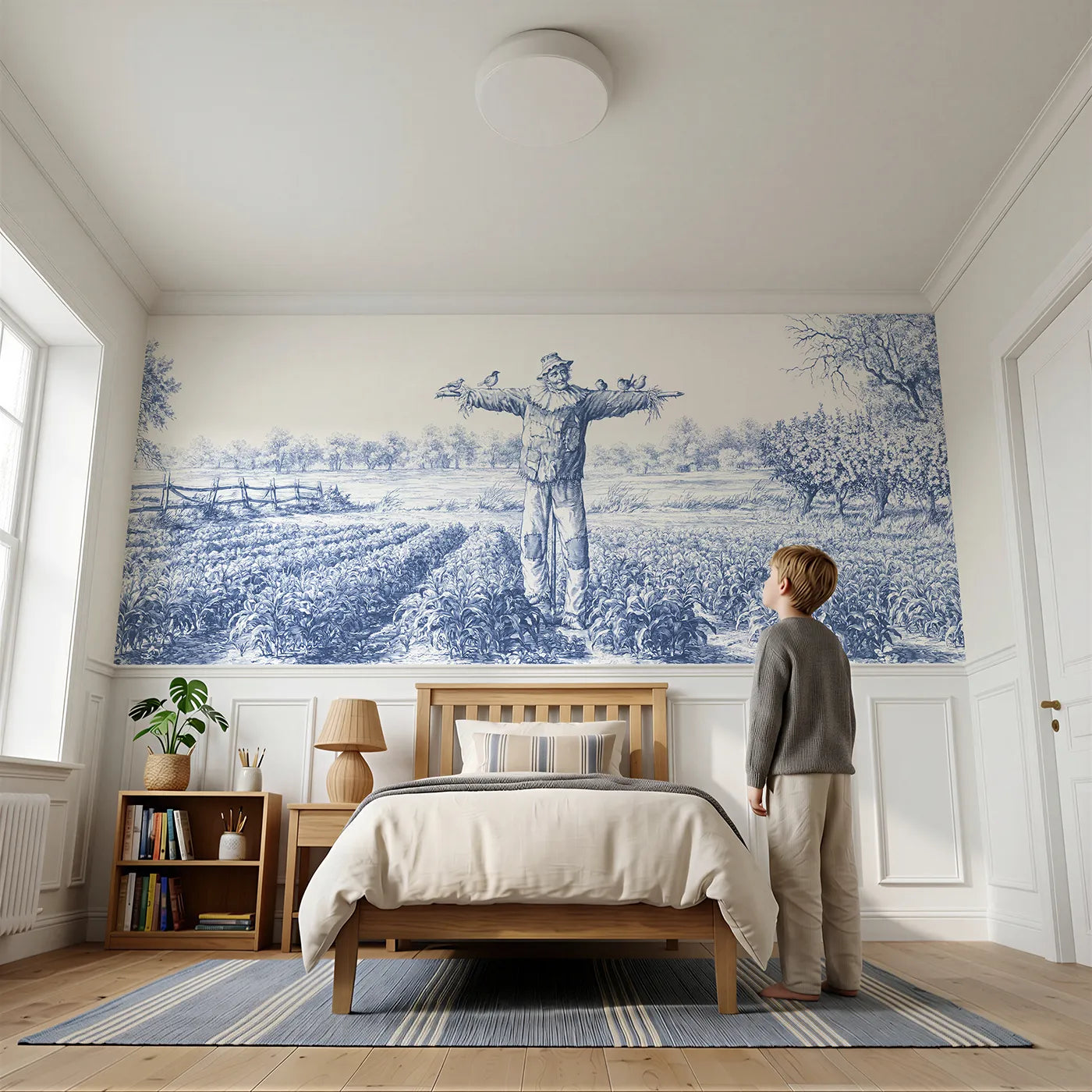 Child reading near The Friendly Scarecrow Wainscoting Wallpaper by Whimsy Tots