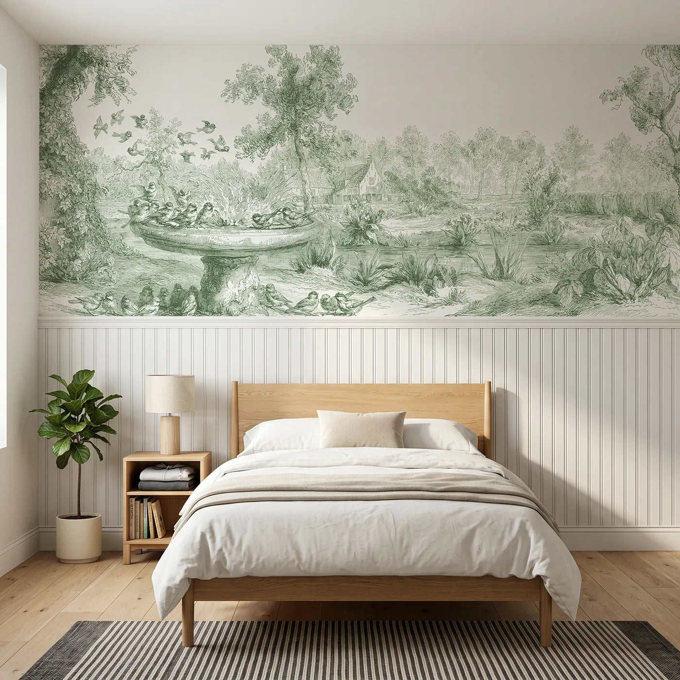 Toile wainscoting wallpaper of at the birdbath in green by Whimsy Tots