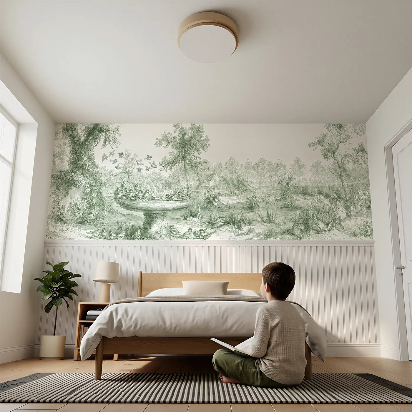 Child reading near At The Birdbath Wainscoting Wallpaper in Green by Whimsy Tots