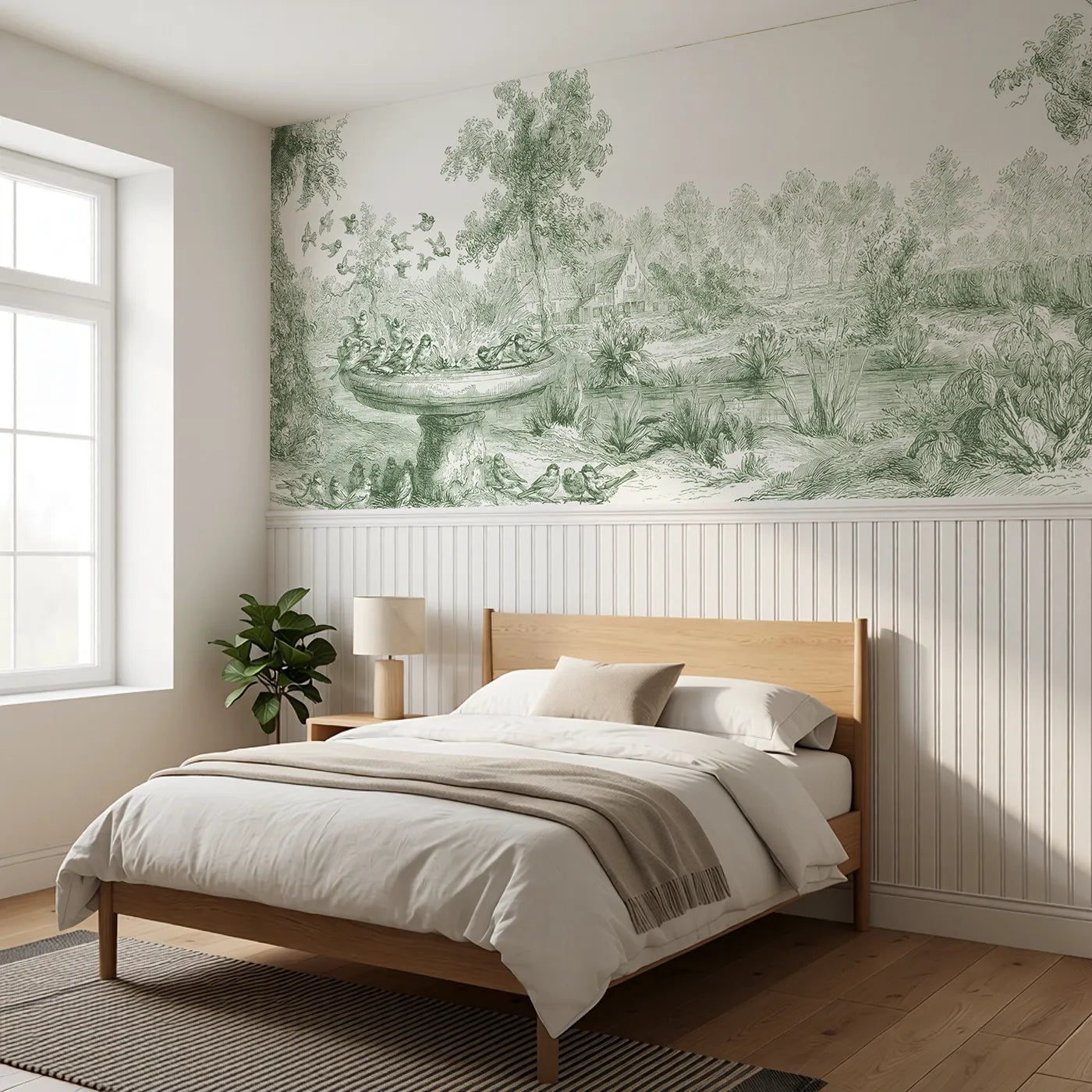At The Birdbath Wainscoting Wallpaper in Green styled in a kids room by Whimsy Tots