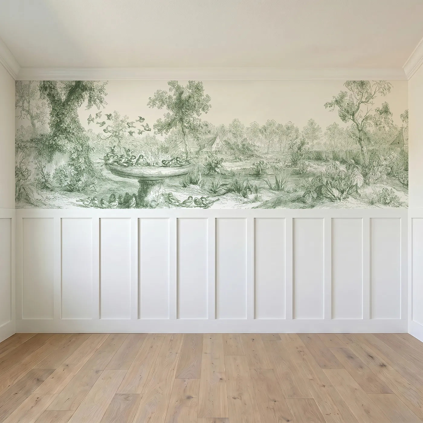Full panel view of At The Birdbath Wainscoting Wallpaper in Green by Whimsy Tots