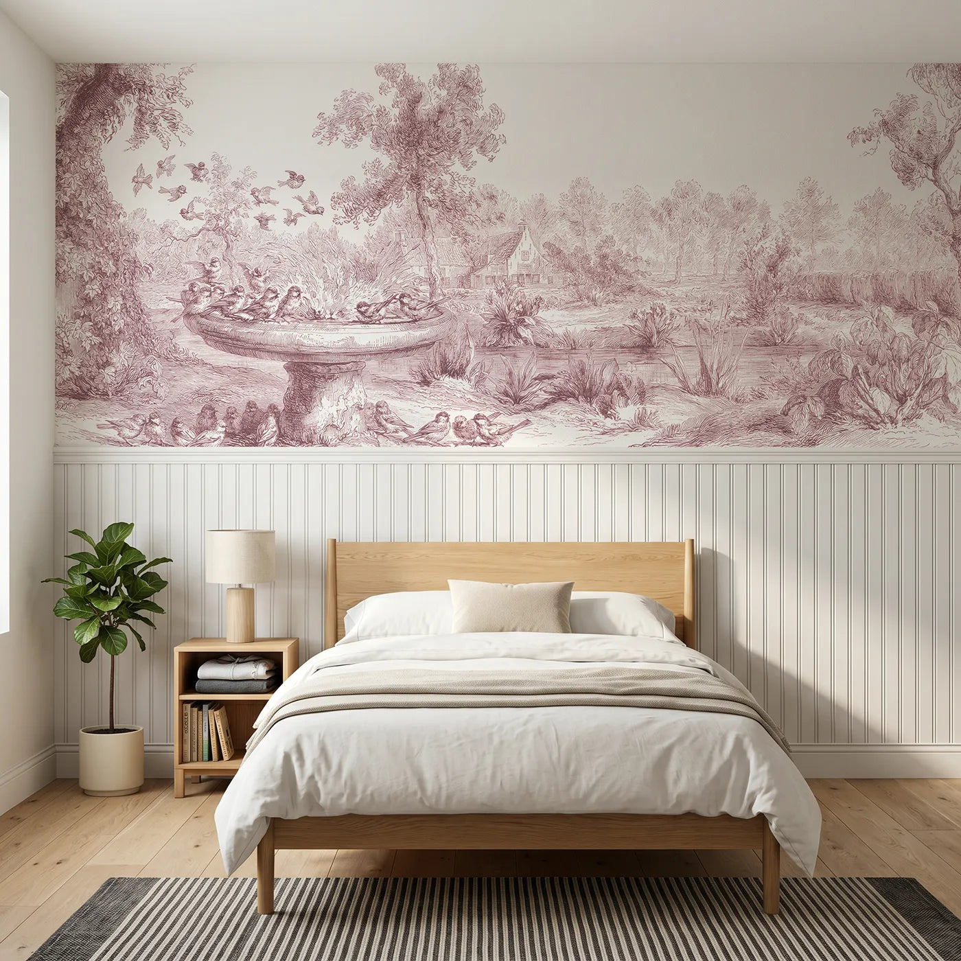 Toile wainscoting wallpaper of at the birdbath in pink by Whimsy Tots