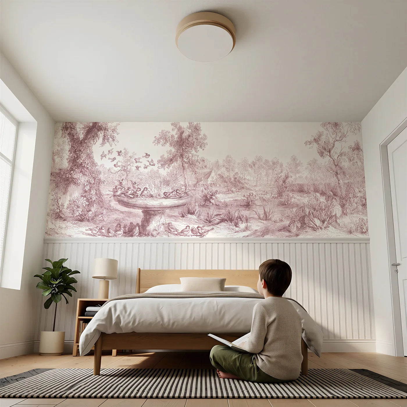 Child reading near At The Birdbath Wainscoting Wallpaper in Pink by Whimsy Tots