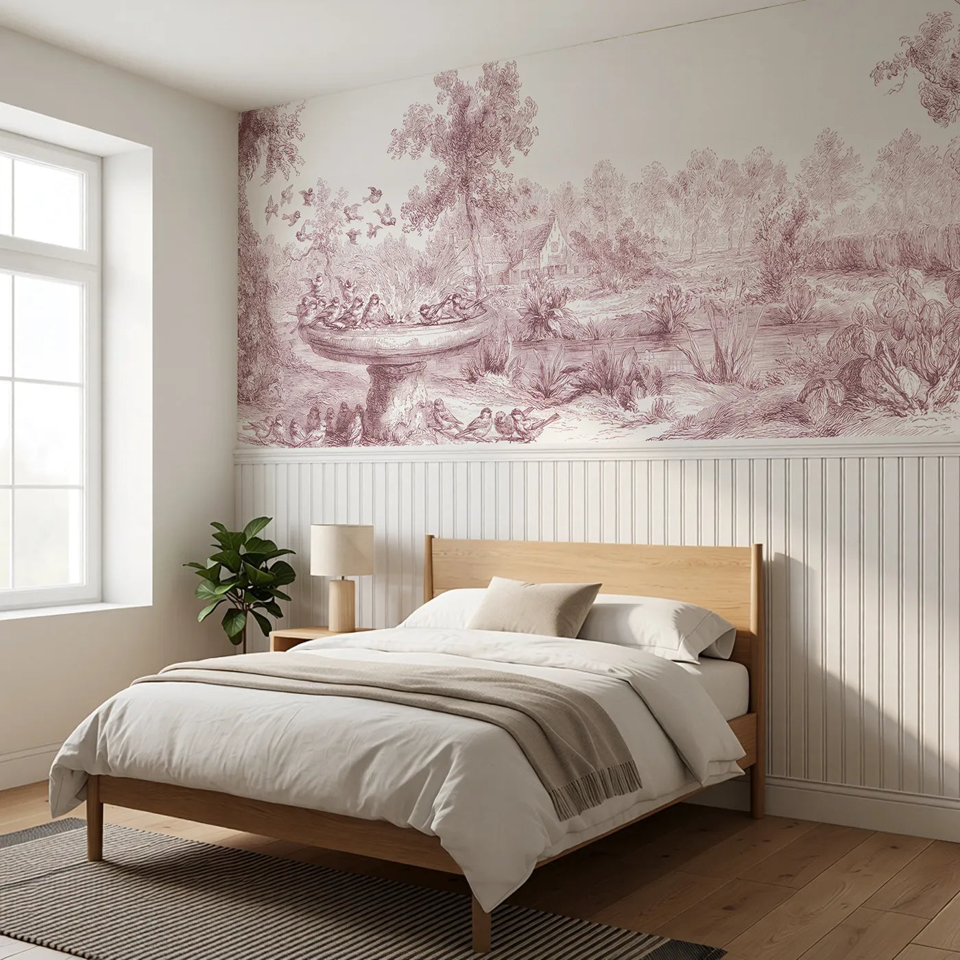 At The Birdbath Wainscoting Wallpaper in Pink styled in a kids room by Whimsy Tots