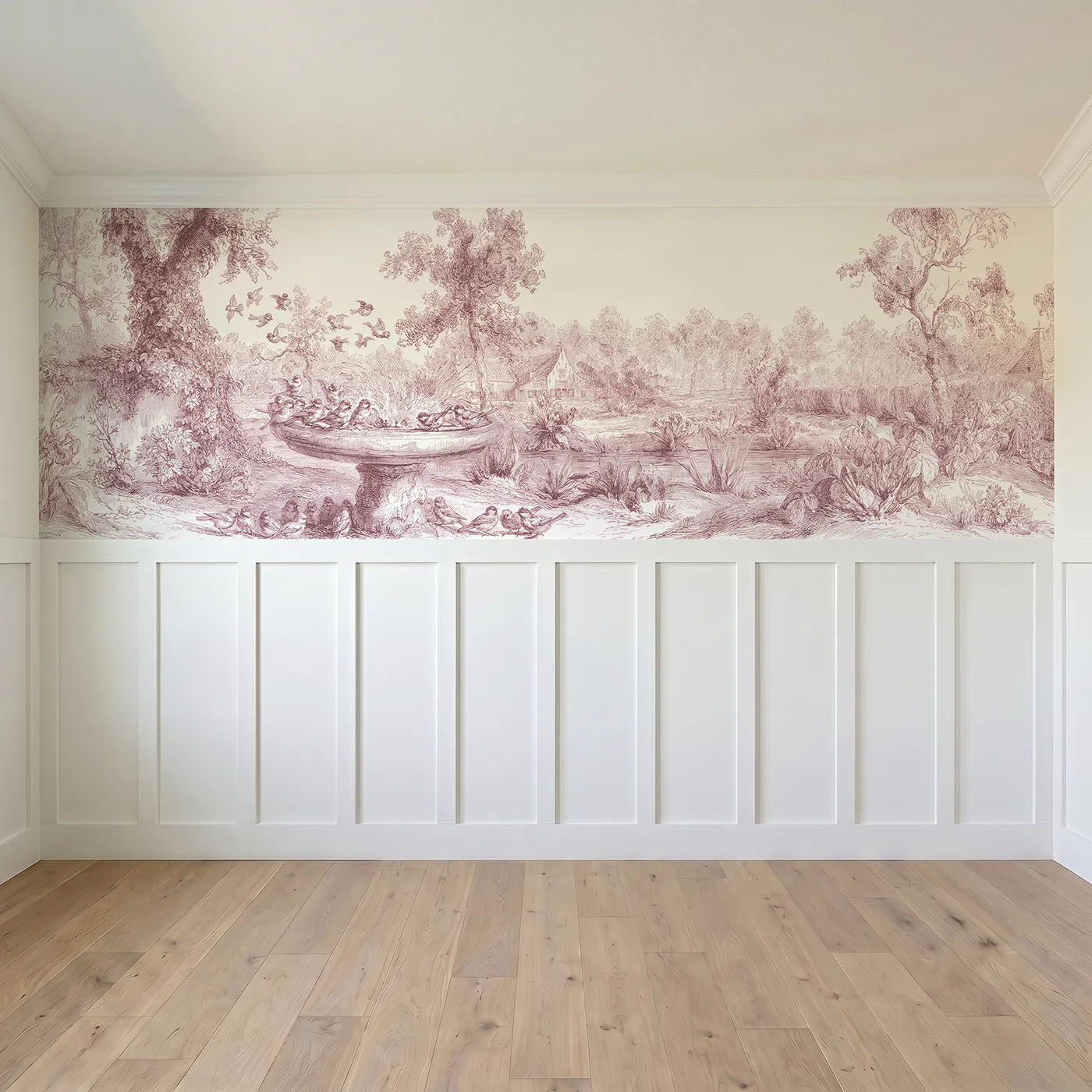 Full panel view of At The Birdbath Wainscoting Wallpaper in Pink by Whimsy Tots