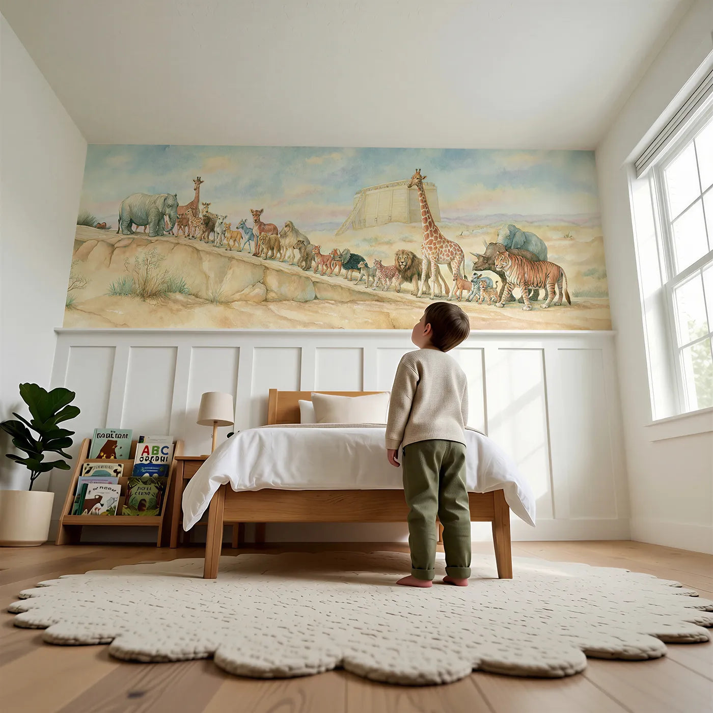 Child reading near Two By Two Wainscoting Wallpaper by Whimsy Tots