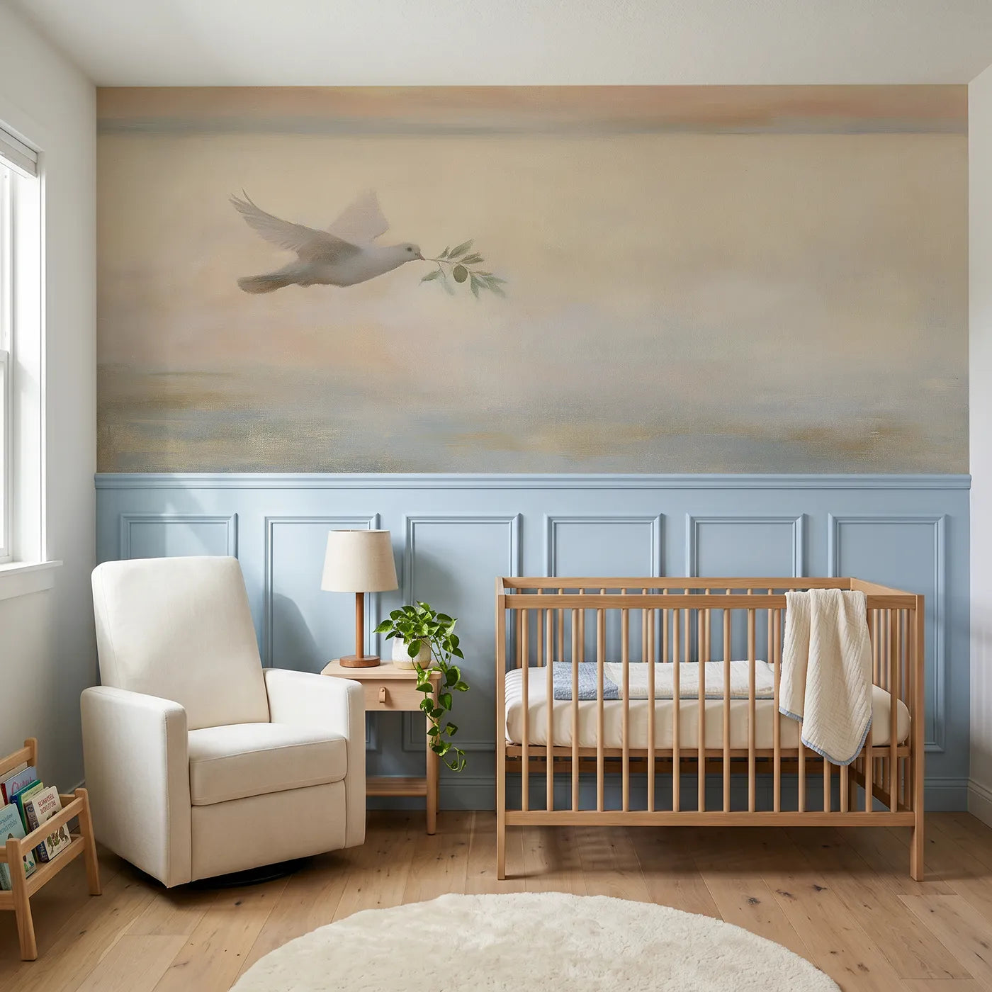 Watercolor wainscoting wallpaper of the leaf in her beak by Whimsy Tots